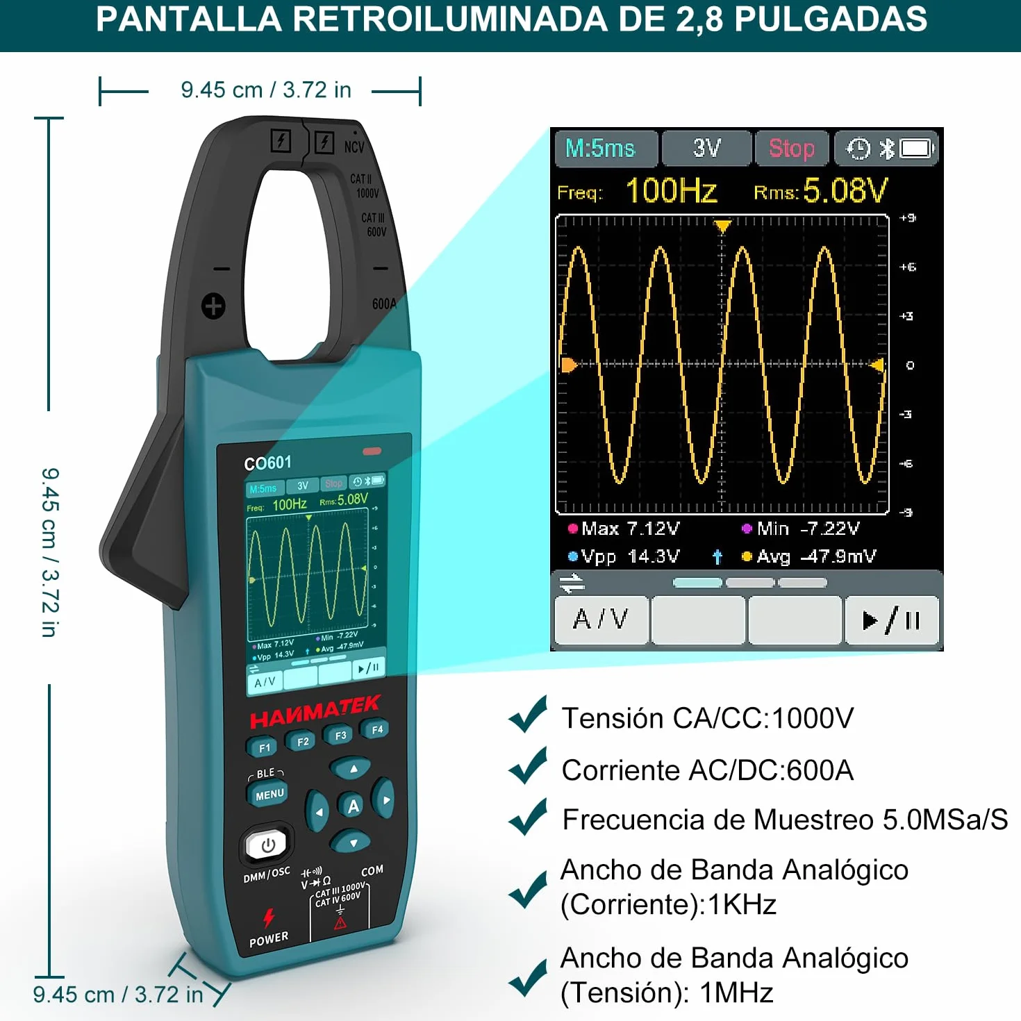 HANMATEK Multímetro con Osciloscopio 2 en 1, Pinza Amperométrica Profesional, 5 MSa/s, Banda 1MHz, NCV, Bluetooth, Pantalla TFT de 2.8", 600A/1000V, CO601