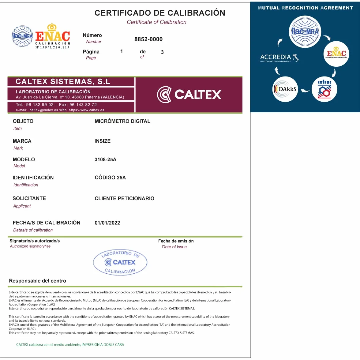 Micrómetro de exteriores INSIZE 3108-25A - Micrómetro de exteriores Calibrado ENAC - Incluye Certificado de Calibración Acreditado