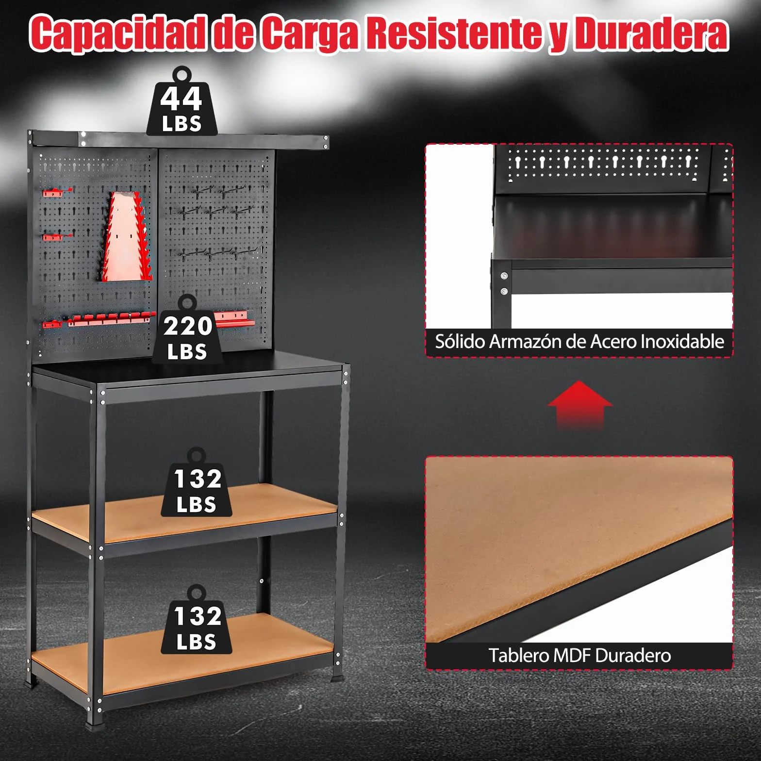 Banco de Trabajo Taller GYMAX, Capacidad Carga 100 kg, Mesa con Pared Perforada, 13 Accesorios, Negro