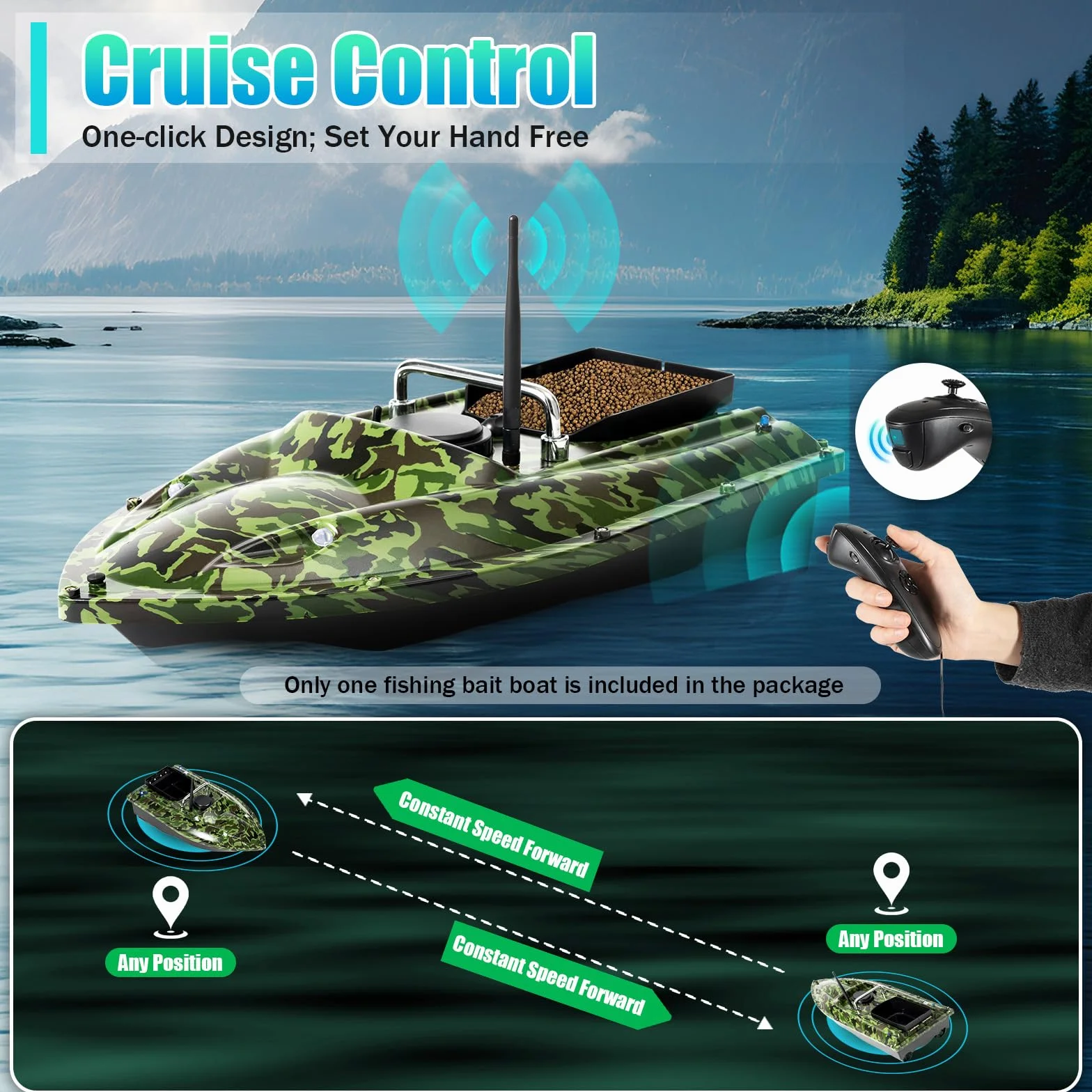 Barco teledirigido 500 m con ecosonda GPS carga 1,5 kg pesca nocturna crucero automático camuflaje