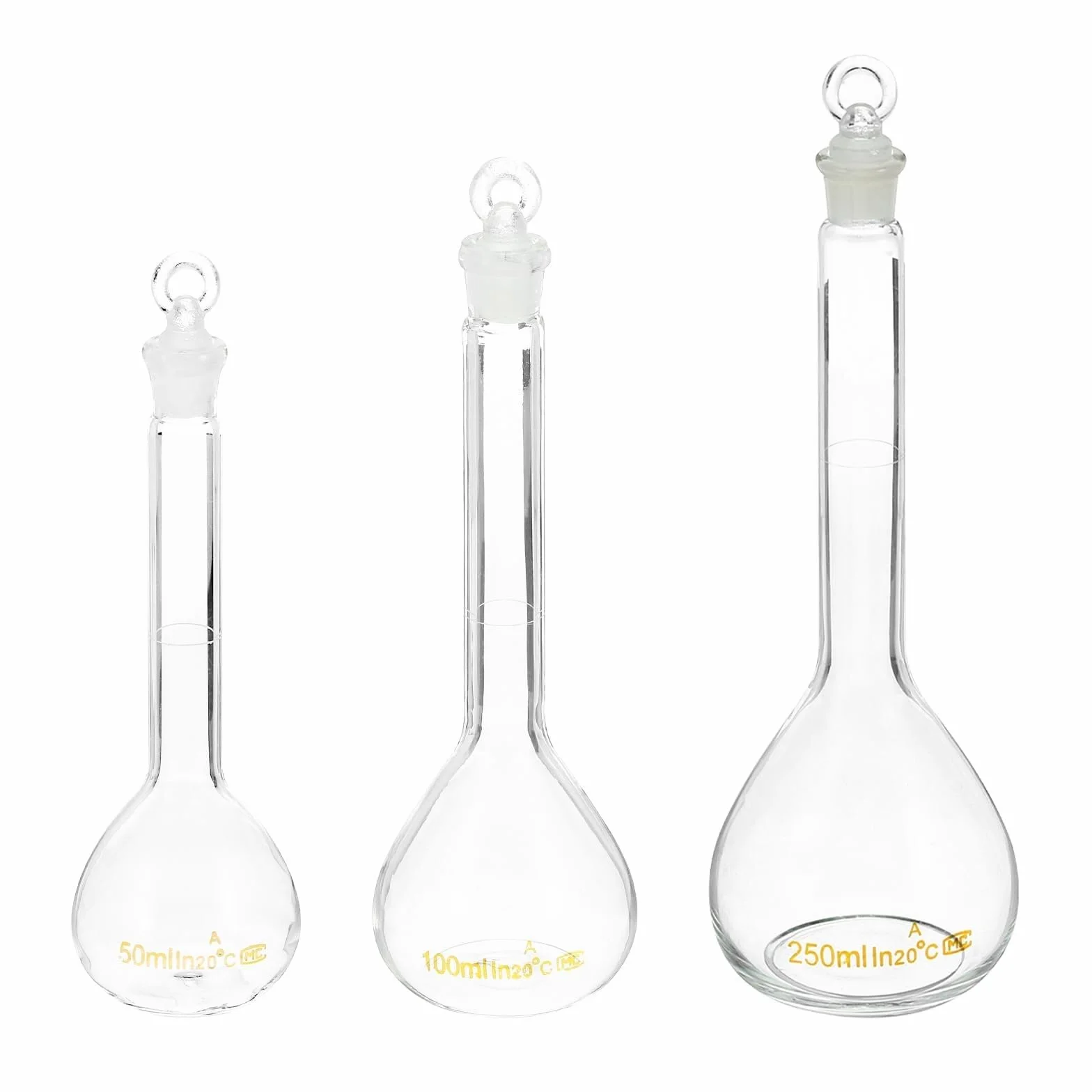Set de Matraces Aforados de Vidrio Borosilicato 3.3, 50ml 100ml 250ml con Tapón de Vidrio para Laboratorio