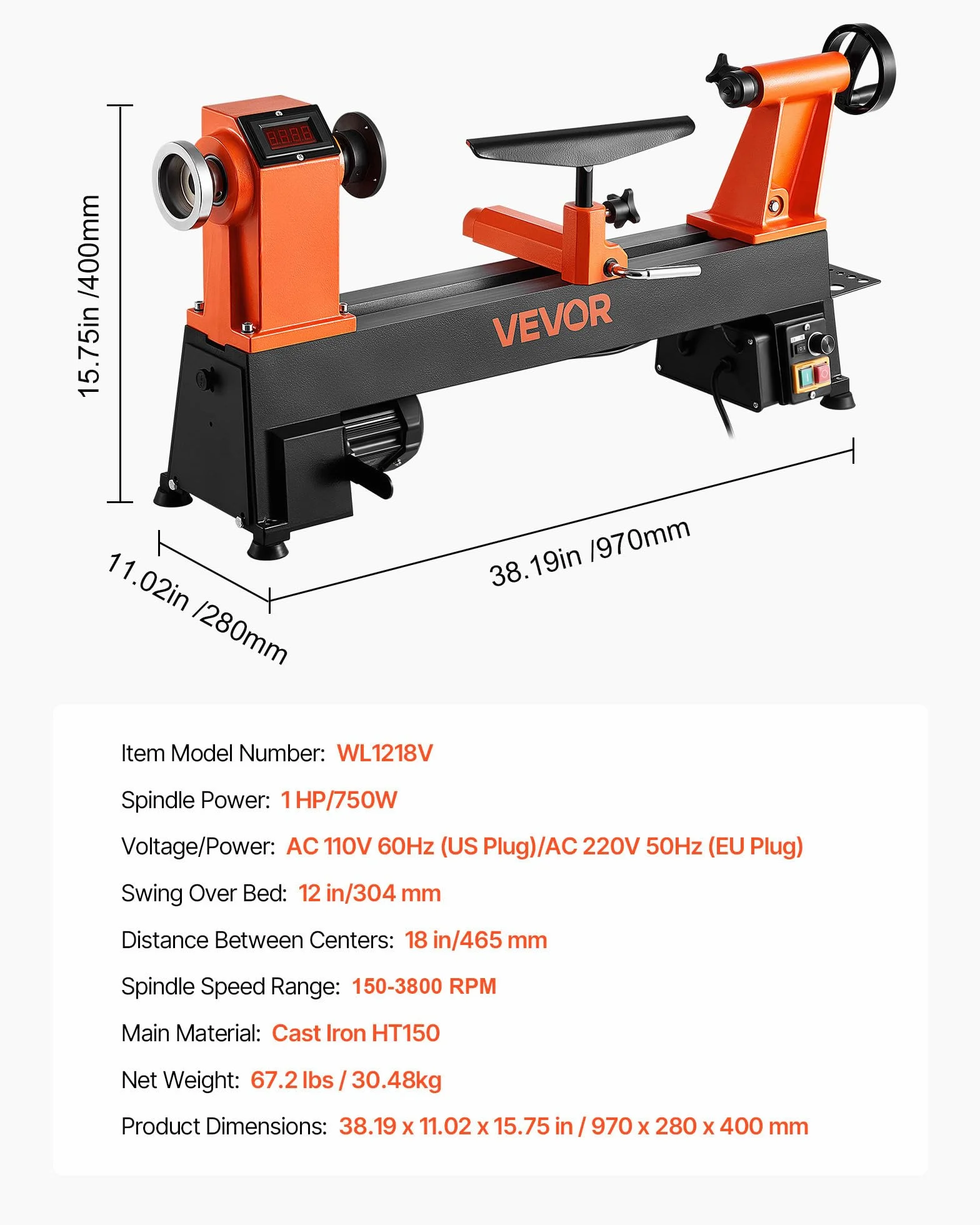VEVOR 750 W Torno de Sobremesa de Carpintería con Velocidad Variable de 150 a 3800 RPM, Banco de Trabajo de 304 x 465 mm, Motor de CC sin Escobillas, Construcción de Hierro Fundido para Bricolaje