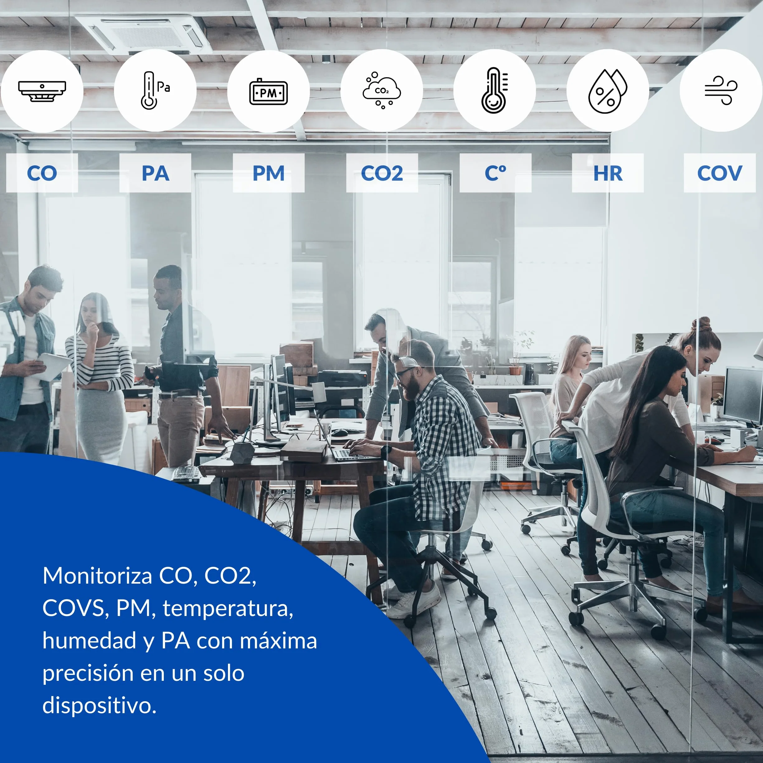 Medidor de Calidad del Aire con Certificado Reset Nanoenvi IAQ para Interior: Hogar, Colegios, Oficinas, Edificios y Transporte. Temperatura, Humedad, CO2, Volátiles, Partículas y CO. App Gratuita.