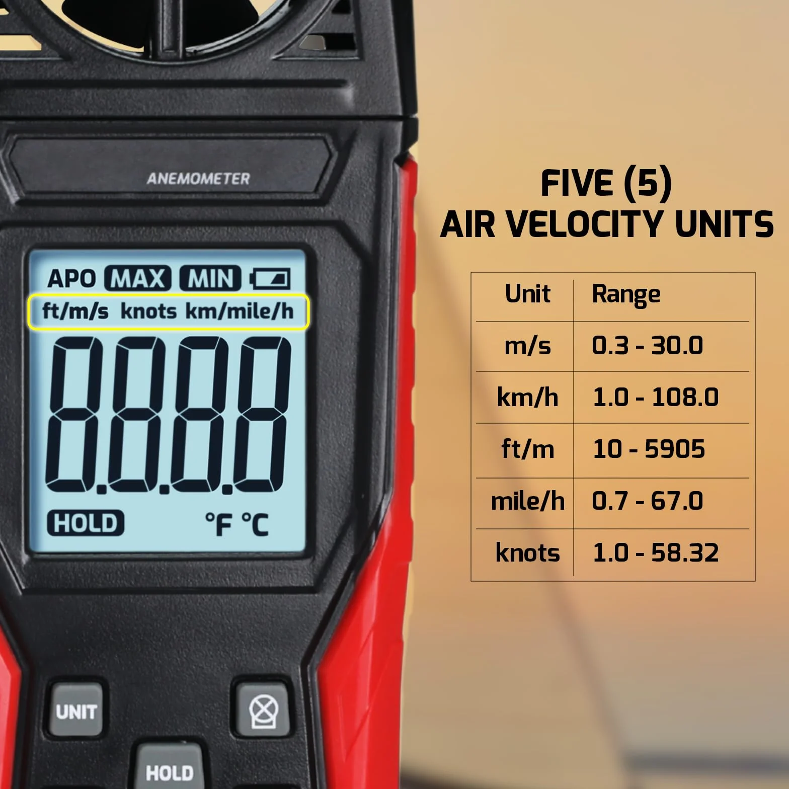 Anemómetro Digital Medidor de Velocidad del Viento 0.3-30 m/s Temperatura Pantalla Retroiluminada Max/Min