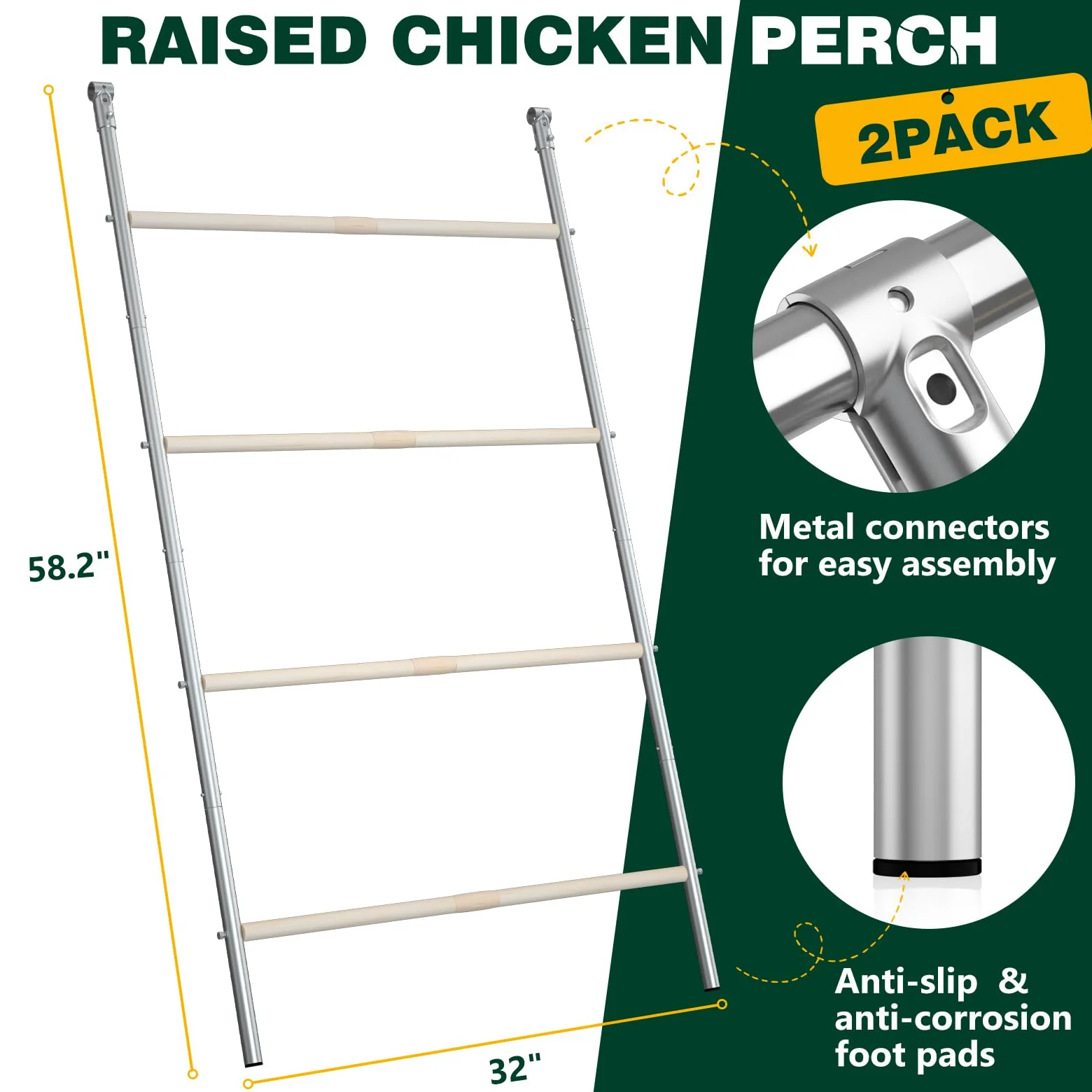 Percha de pollo para gallinero, barras de gallina, juguetes de granja, escalera de gallo para aves de corral, paquete de 2 (58 pulgadas de largo x 32 pulgadas de ancho)