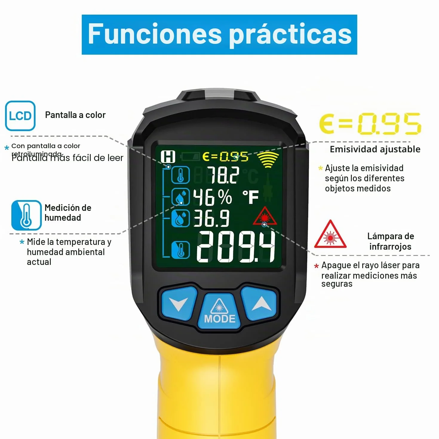 Termómetro Infrarrojo MESTEK -50°C~800°C Pistola Temperatura Laser Sin Contacto Pantalla LCD Color Ajuste Emisividad