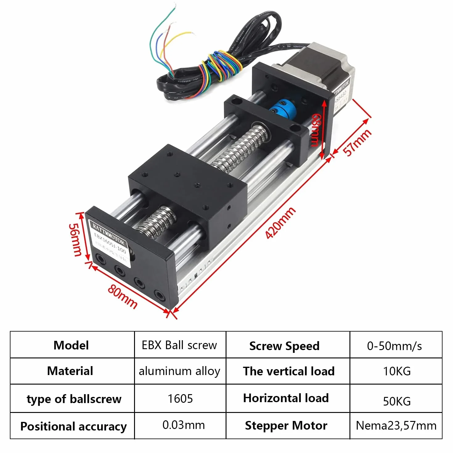 RATTMMOTOR Elevación del actuador lineal L-300 mm, husillo de bola, guía lineal CNC con motor paso a paso Nema23 1,8 °, 3 A, 1,2 N.m para fresadora CNC (EBX1605J).