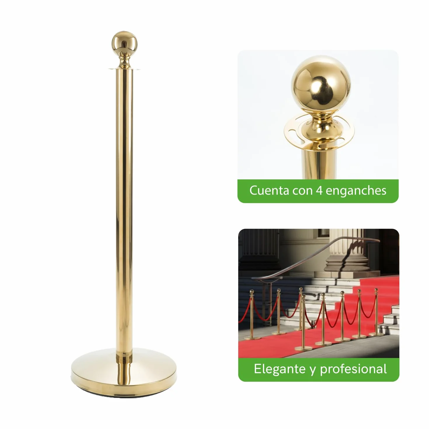 Pack Catenaria Dorada para Eventos Premium y Extensible de Acero. Poste Separador de Acero, Cordón Zona VIP Elegante para Catering con Cuerda Trenzada. (2 Mástiles + Cordón)