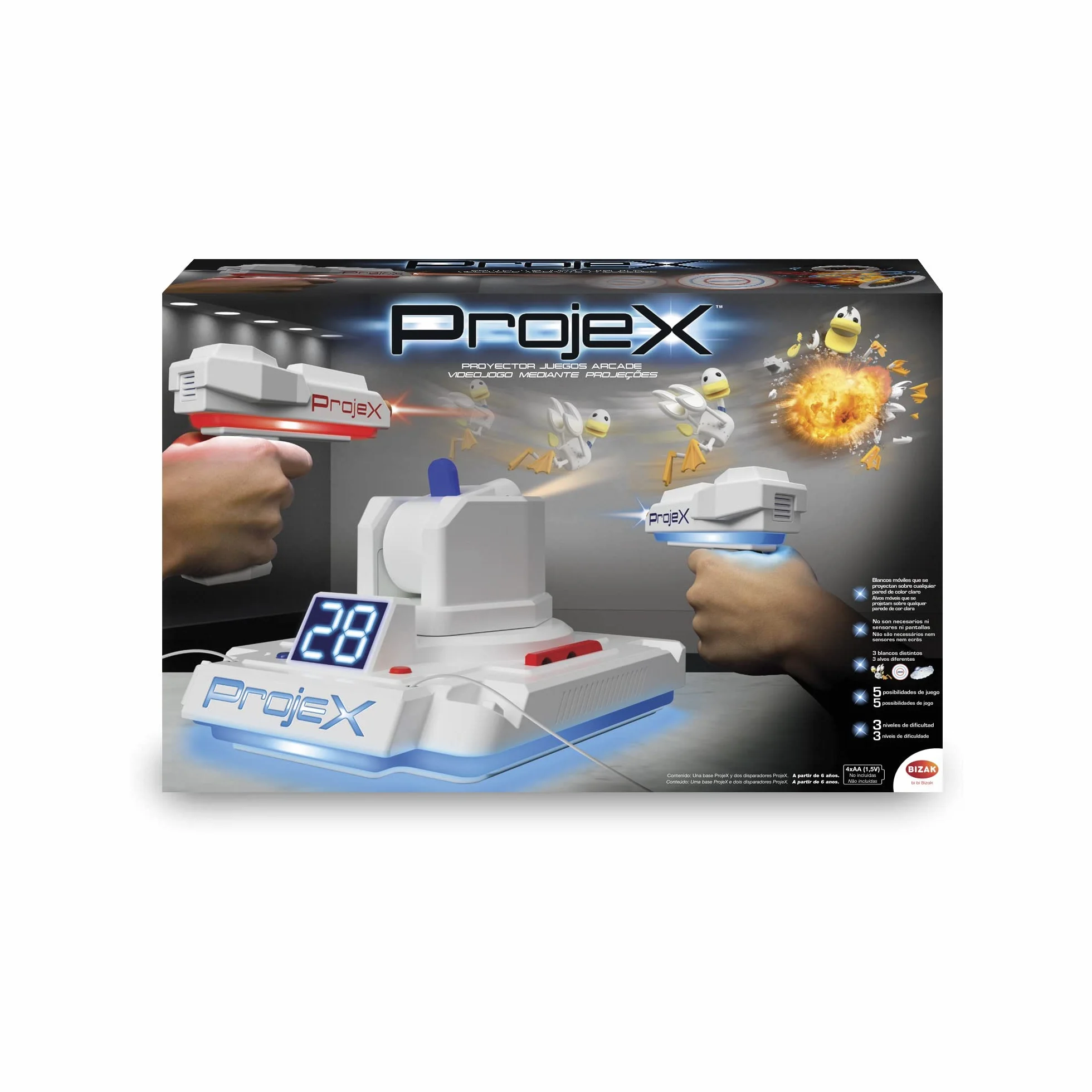 Bizak Projex Proyector de Juegos Arcade, 2 Pistolas Laser, 3 Niveles de Dificultad, Regalo para Niños 6+