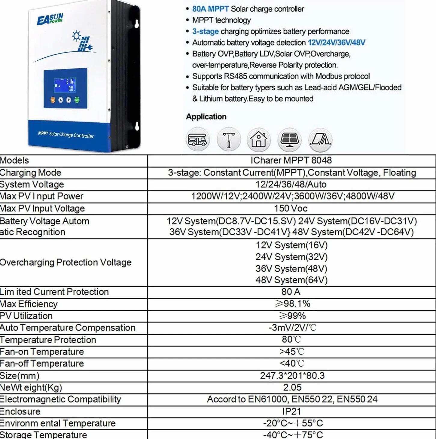 POWLAND 100A Controlador de Carga Solar 36V 12v 24v 48v Auto Detección MPPT Regulador de carga solar Lcd Ajustable Entrada FV máxima 150 V para baterías AGM SEL GEL de plomo y litio