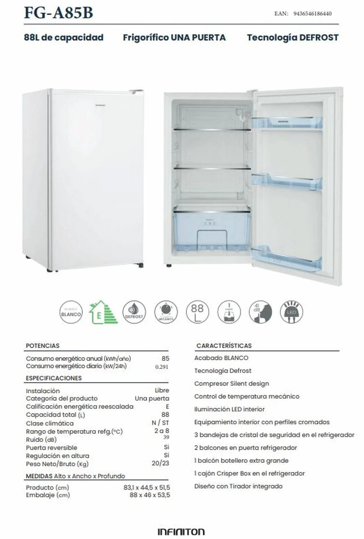 INFINITON FG-A85B Frigorífico 1 Puerta 85cm 92L Blanco A+/F Luz LED