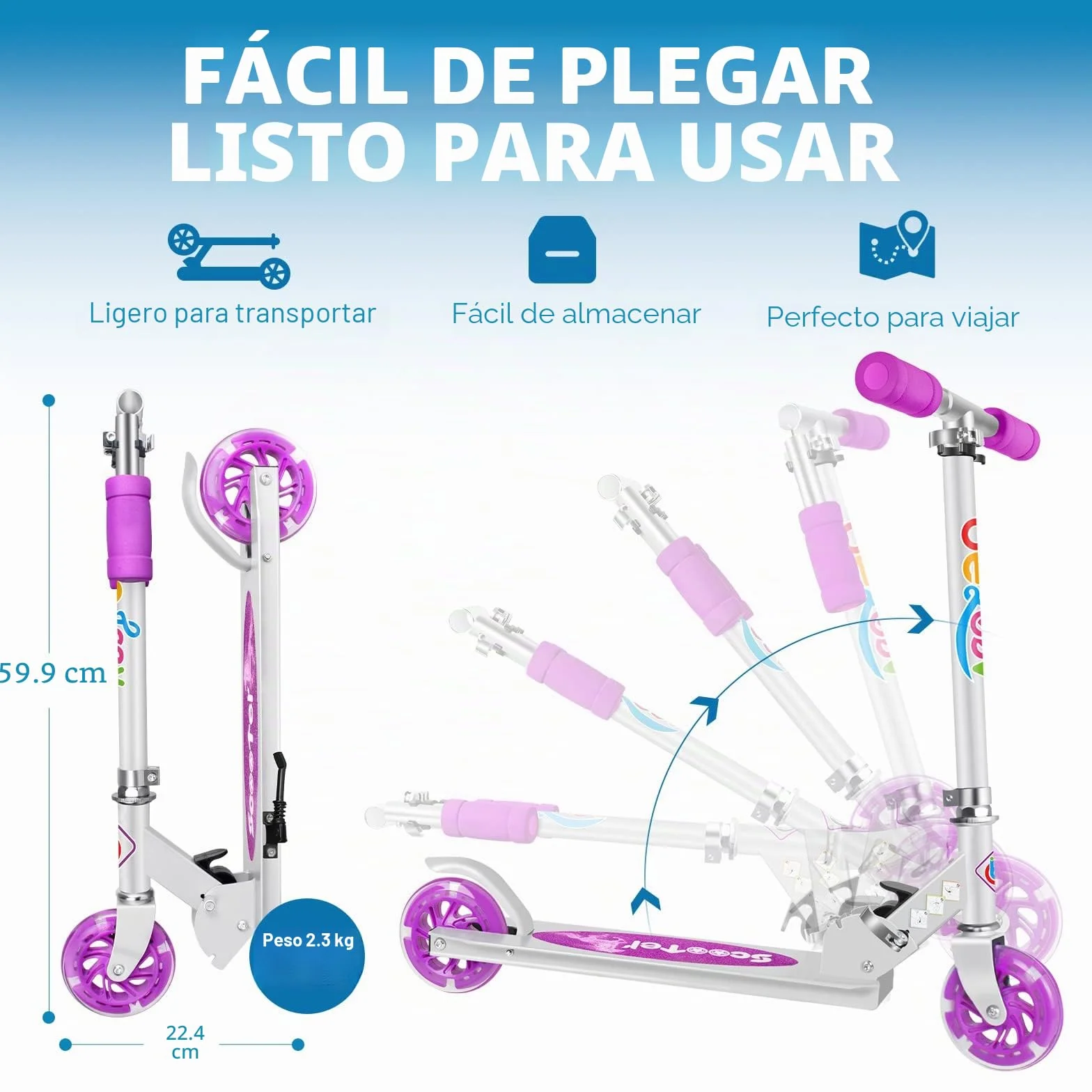 Patinete Infantil Plegable BELEEV V1 con Luces LED, 4 Alturas Ajustable, Ligero para Niños 3-12 Años