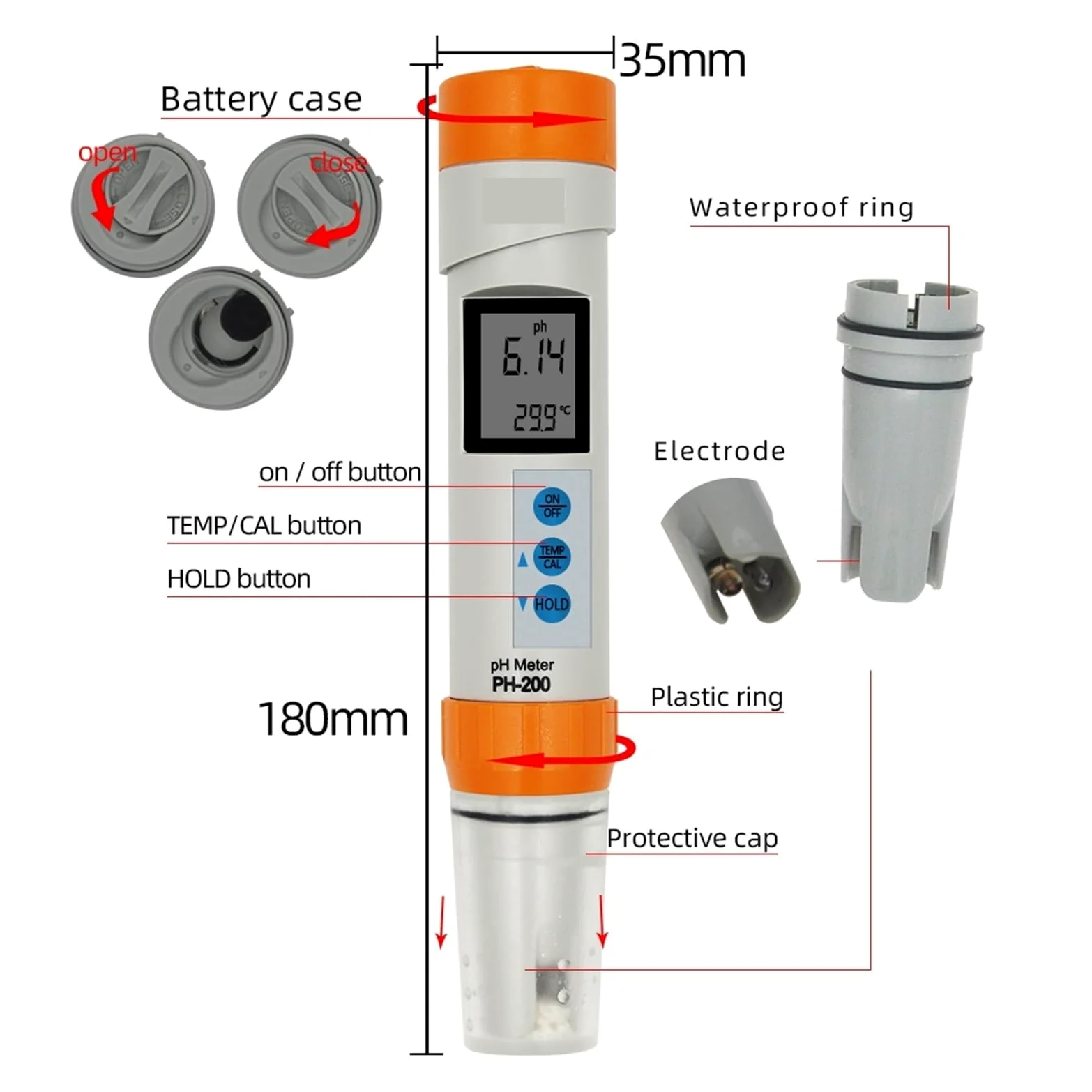 Medidor de pH de agua, Medidor de PH de PH-200 Digital COM-100 medidor de temperatura EC TDS con función de calibración automática probador de pluma de calidad del agua PH(HM COM-100)