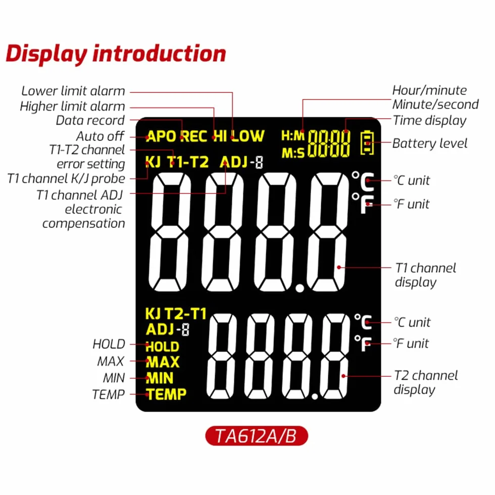 TASI TA612C Termómetro termopar tipo K/J de 4 canales -200~1372℃/ -328~2501℉ Medidor de temperatura LCD digital portátil 5000 Grupos Almacenamiento de datos con carga de datos USB y