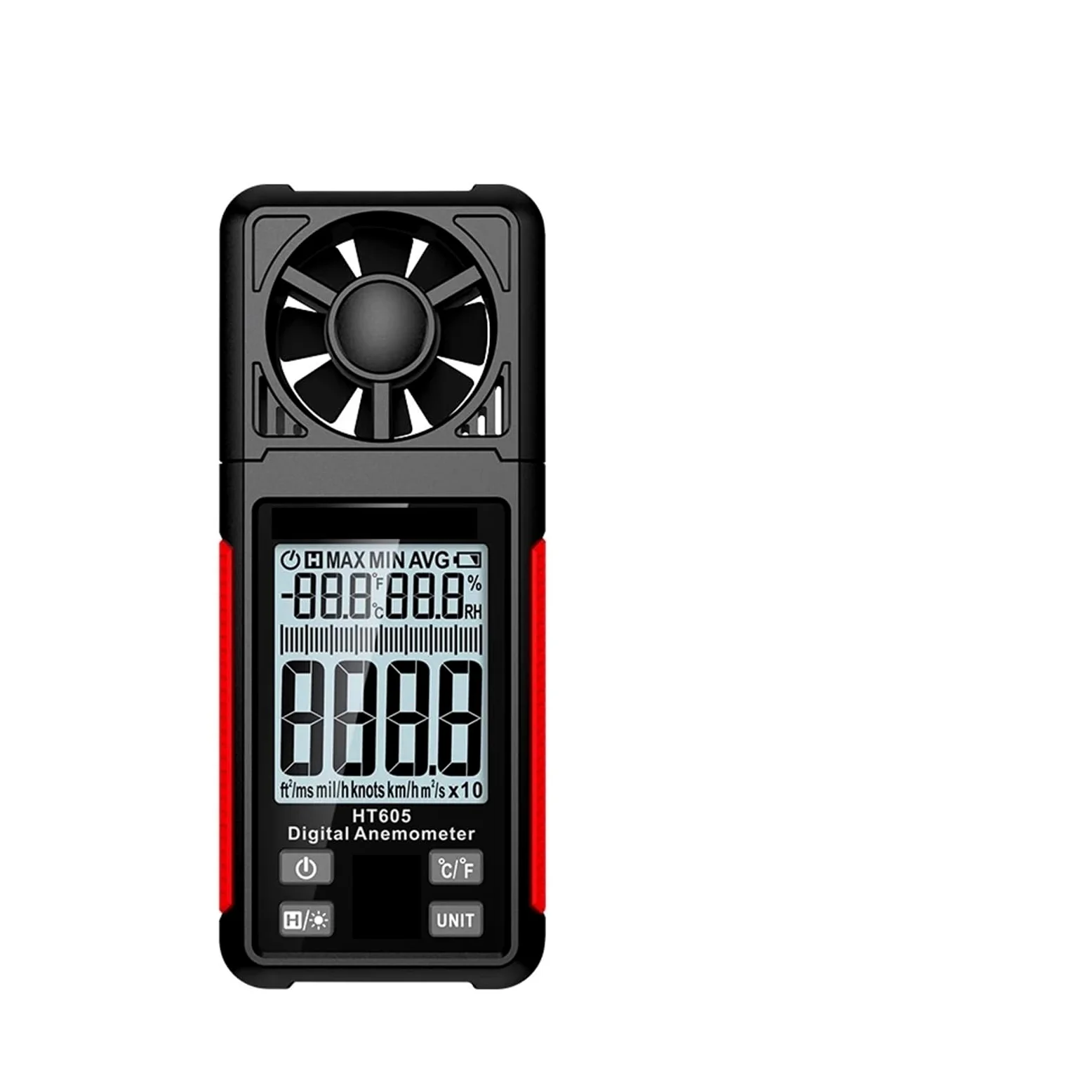 Anemómetro digital HT605, medidor portátil de velocidad del viento, medidor de velocidad del aire, anemómetro con pantalla LCD retroiluminada y medidor de temperatura y humedad.