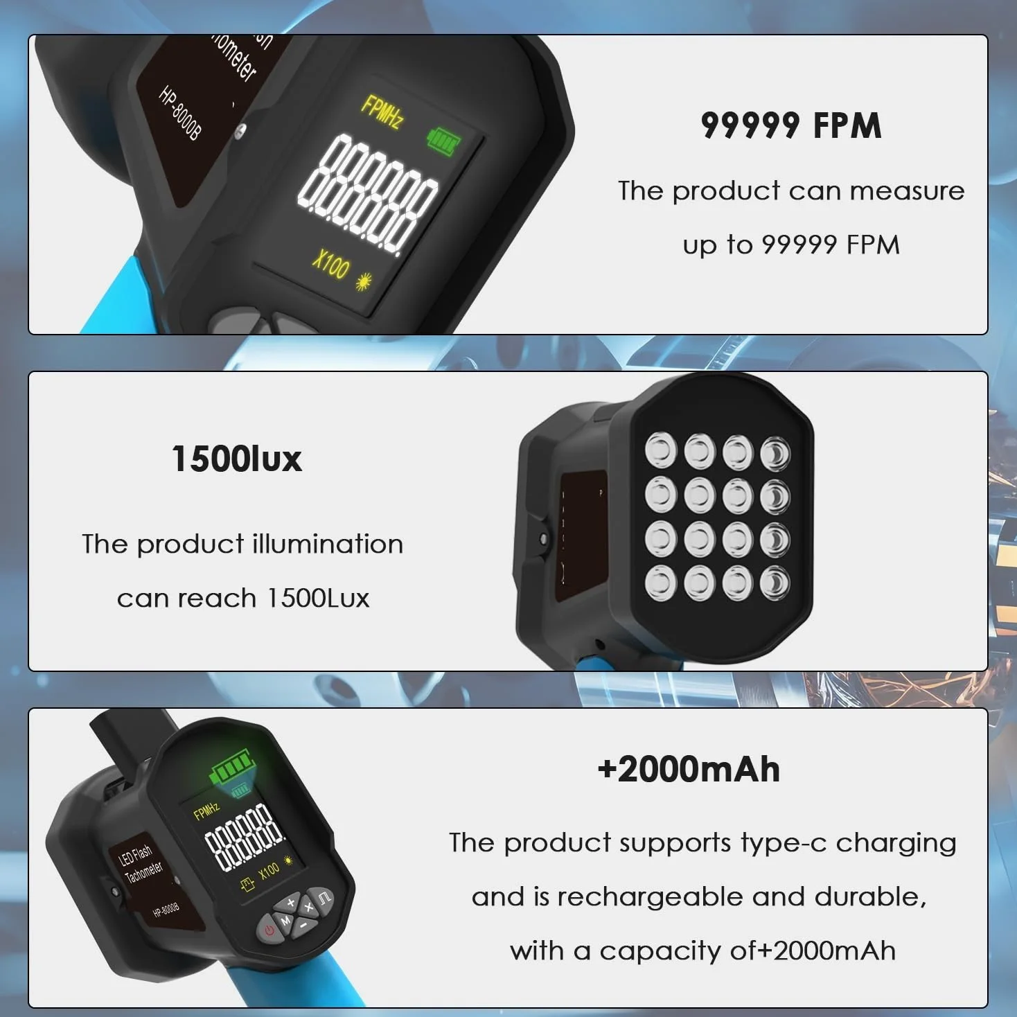 Estroboscopio digital de mano 0.001% Tacómetro con flash LED recargable Tacómetro estroboscópico sin contacto Para motores, tornos.