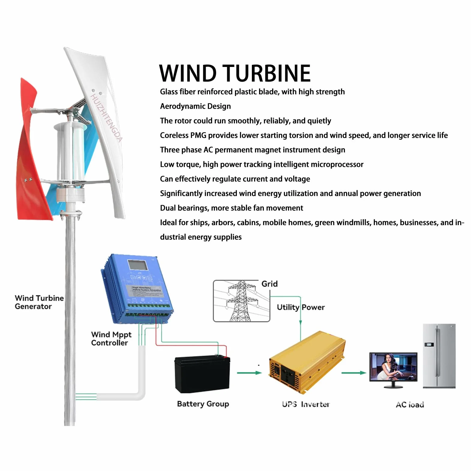 3000W Generador de maglev Permanente Vertical de bajo Ruido, 12 V-220V con Controlador CA Potencia eólica Generador de turbinas eólicas de bajo Ruido Vertical para energía suplementaria