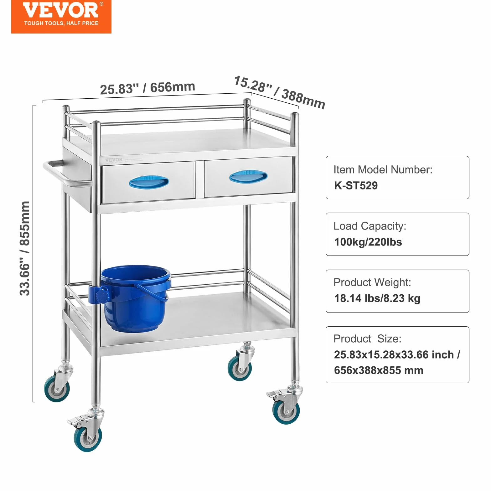 VEVOR Carro de Laboratorio de Acero Inoxidable, Carro Médico 2 Capas 2 Cajones, Carga 100 kg