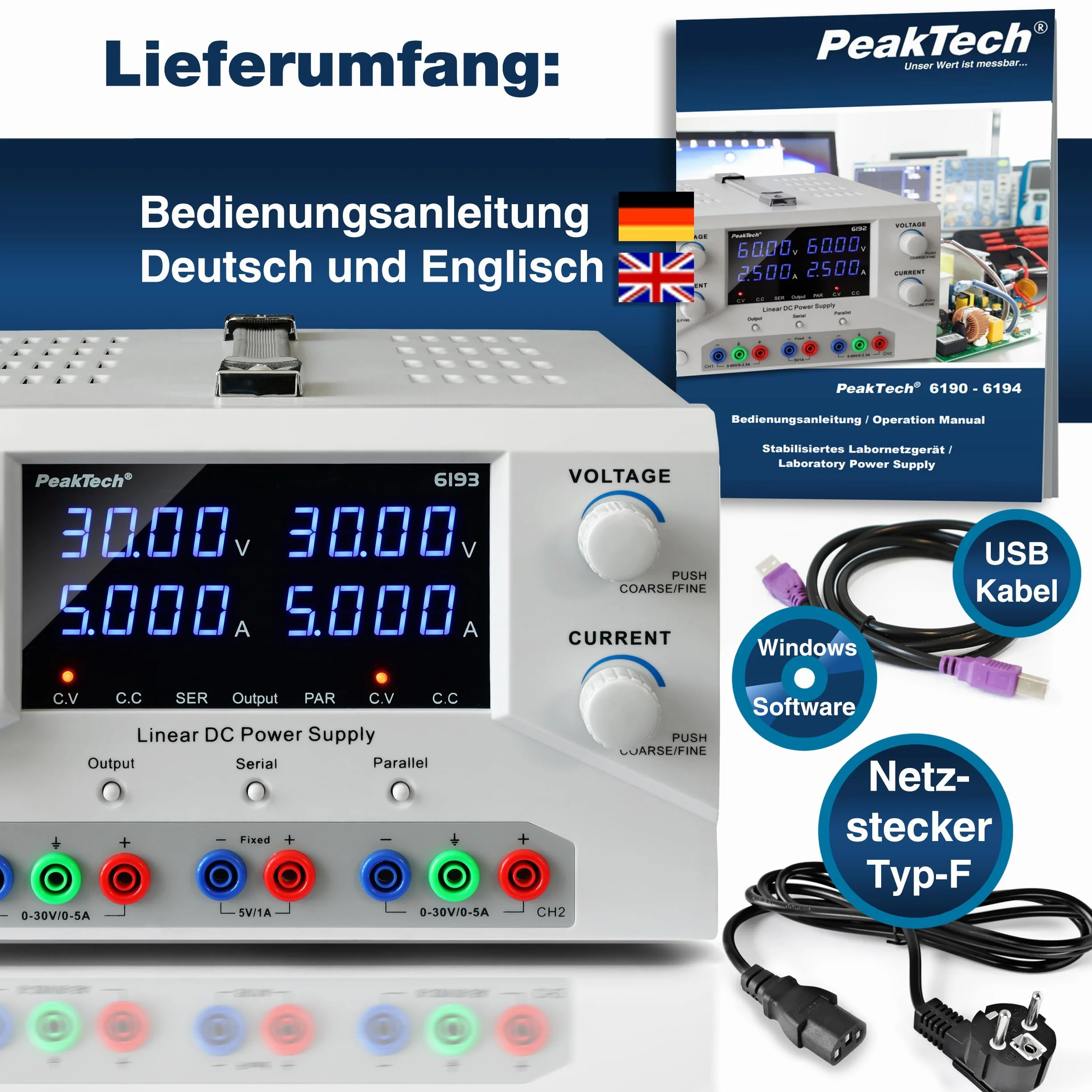 PeakTech, 6193, Fuente de alimentación de laboratorio 2 x 0, 30 V / 0, 5 A DC SELV fuente de alimentación lineal con transformador de aislamiento, fuente de alimentación de laboratorio con USB