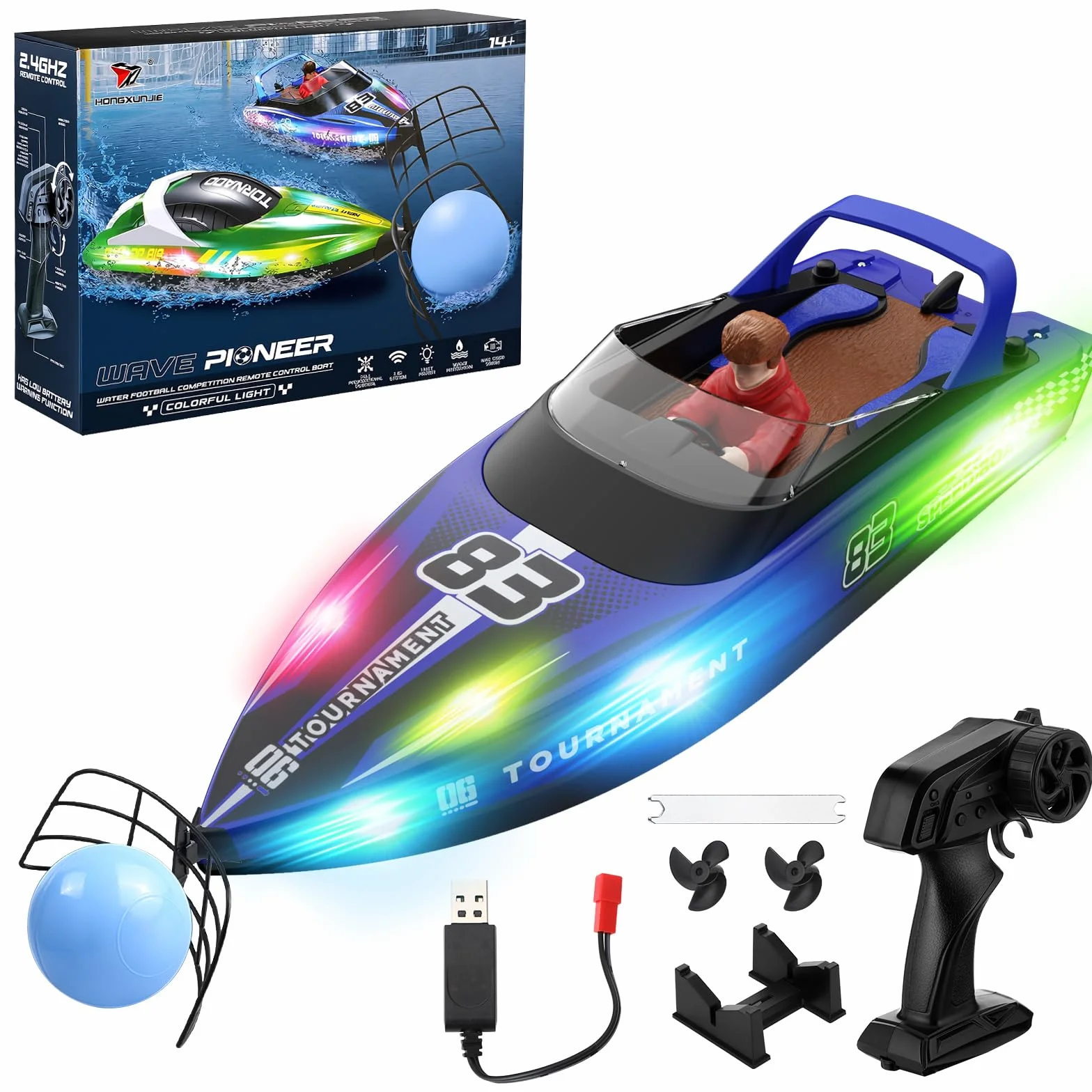 Barco Teledirigido RC con Bola Flotante y Luz LED 15 KM/H 2,4 GHz Barcos de Carreras Rápido para Niños Juguete de Piscina