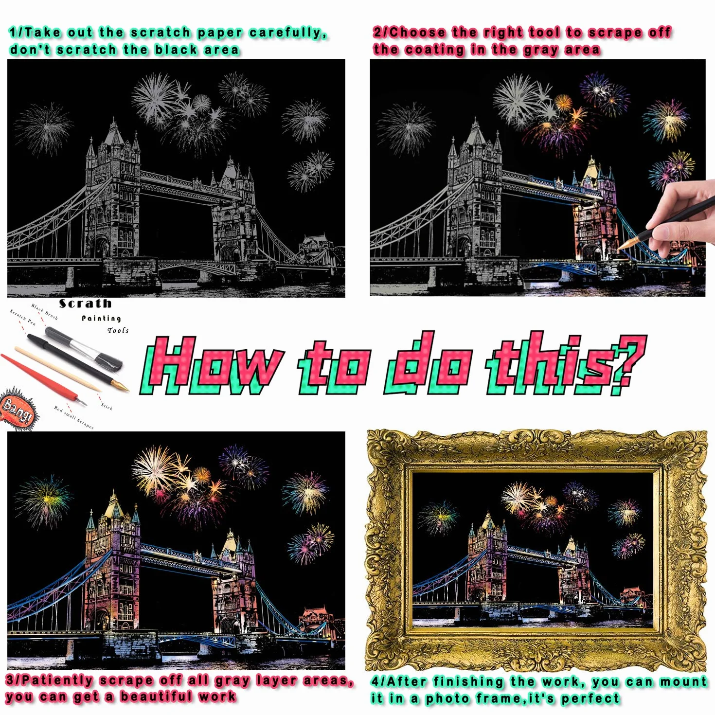 Scratch Paper Rainbow Painting Sketch City Series Night Scene 4 Tools