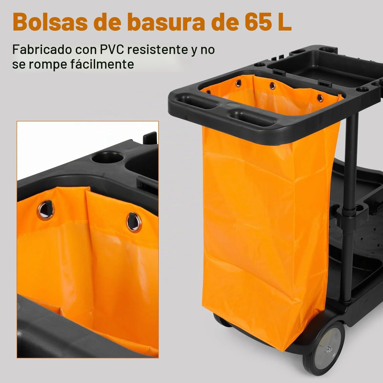 Bimiti Carro de limpieza profesional con bolsa extragrande, 113x56x93 cm, 3 niveles de gran capacidad, carrito de limpieza, bolsa de basura de 65 L, amarillo y negro
