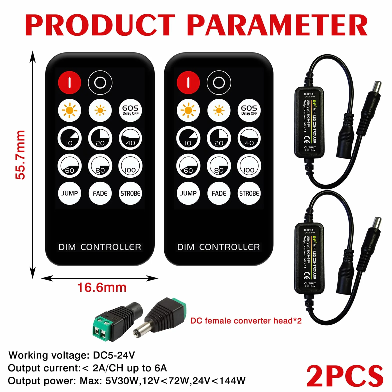 Mini RF Dimmer Controller 14 Teclas Wireless LED Dimmer 2 Cabezales De Conversión Stenuador Remoto RF Para Tiras LED Monocolor
