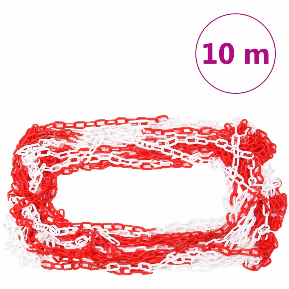 Juego de postes de cadena con cadena de plástico de 10 m, 4 postes de polietileno de 90 cm de alto, barrera reflectante para aparcamiento, carreteras, obras de construcción, terrenos de