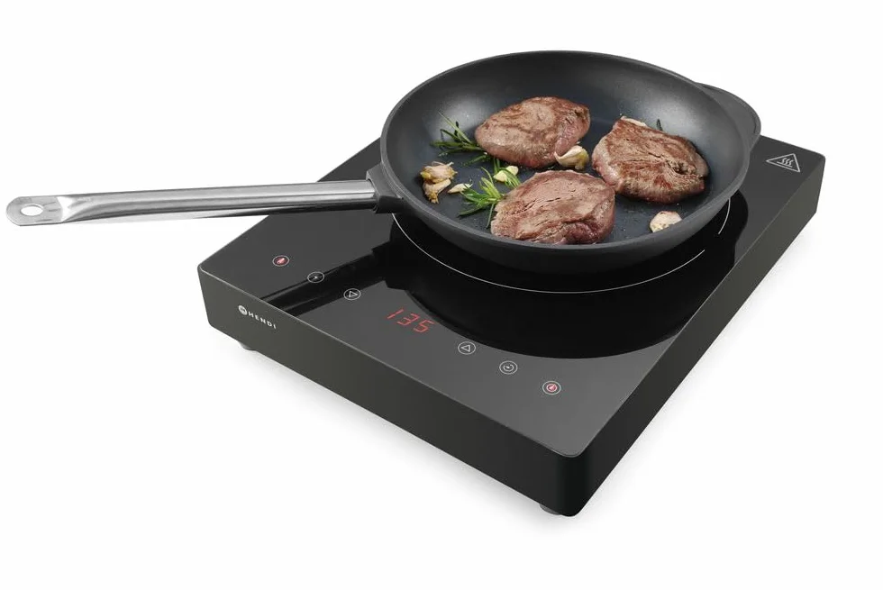 HENDI Placa de inducción de sobremesa, controles táctiles, temporizador, 60–240 °C, 230V/3500W, 337x417x(H)85mm, acero inoxidable, negro