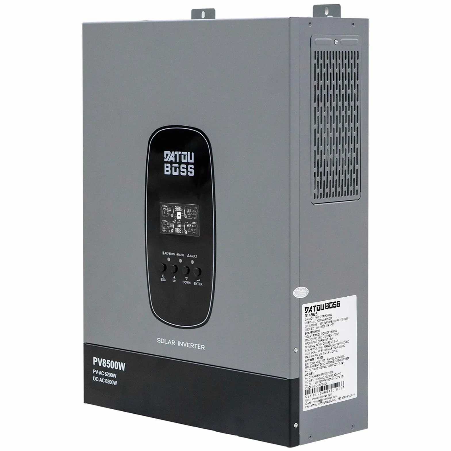 DATOUBOSS 6200W Inversor Híbrido Solar, Onda Sinusoidal Pura 48V a 230V, Controlador de Carga MPPT 120A, Uso Fuera de Red, Compatible con Baterías de Iones de Iitio, para Caravana y Sistemas Solares.