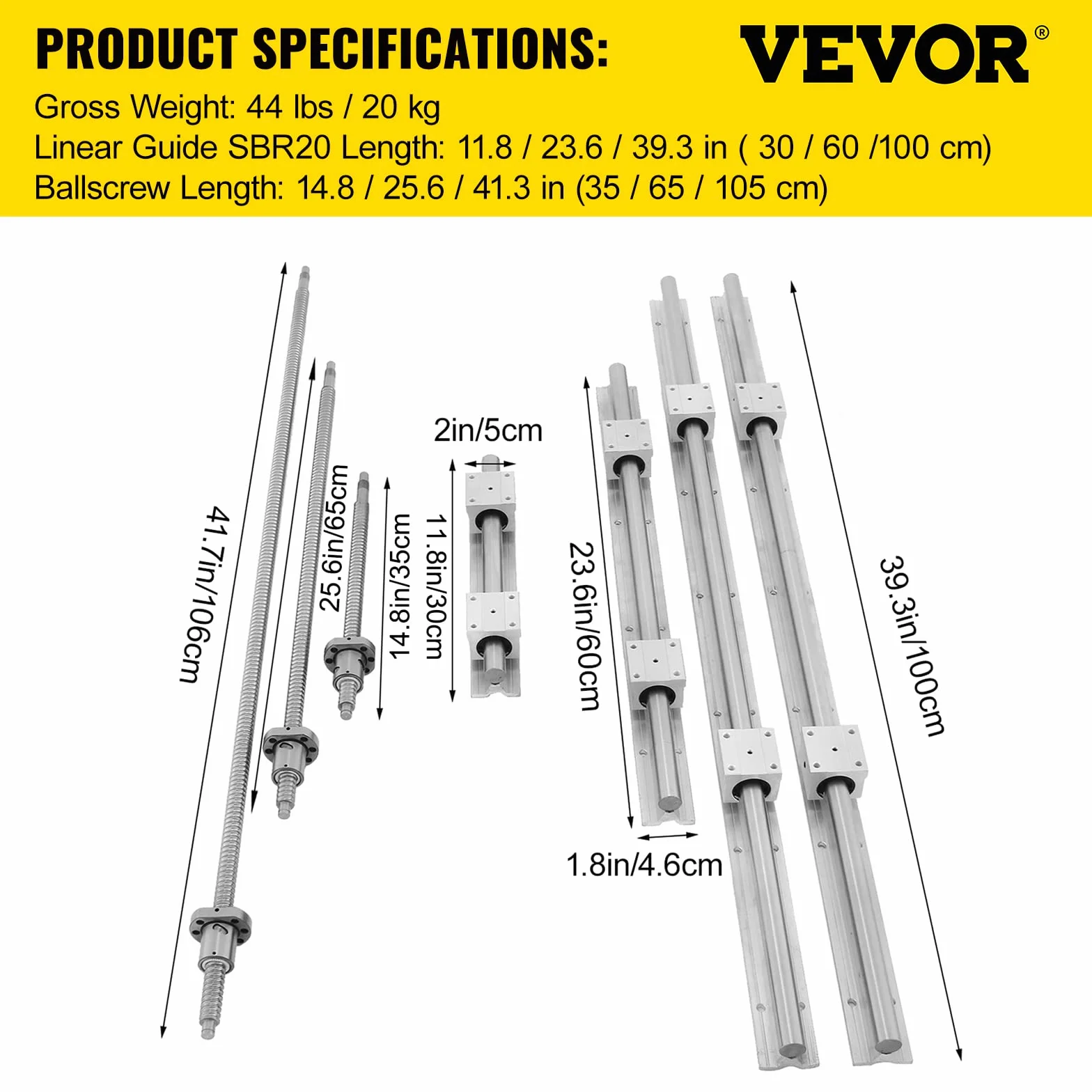 VEVOR SBR20 Guía Lineal Kit Deslizamiento Rodamiento 300-1000mm C7 Tornillos Bola
