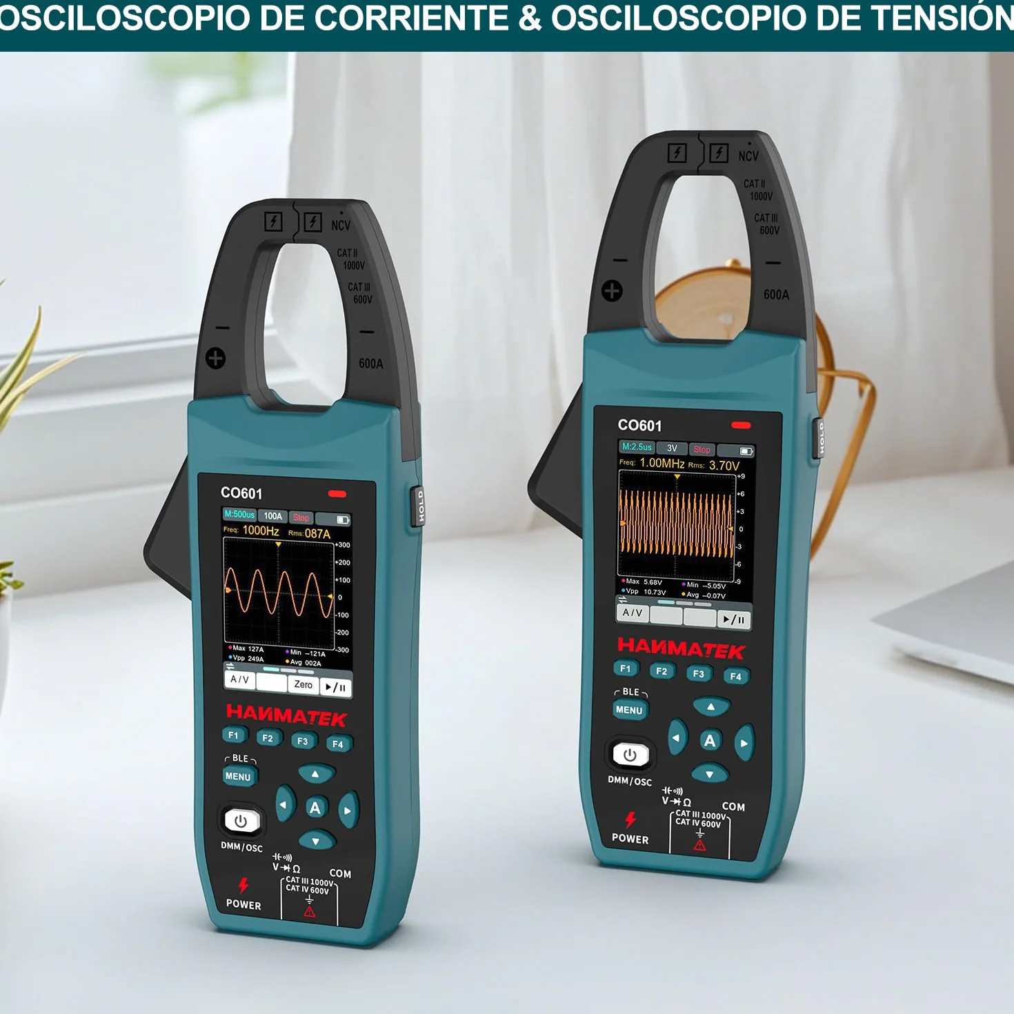HANMATEK Multímetro con Osciloscopio 2 en 1, Pinza Amperométrica Profesional, 5 MSa/s, Banda 1MHz, NCV, Bluetooth, Pantalla TFT de 2.8", 600A/1000V, CO601