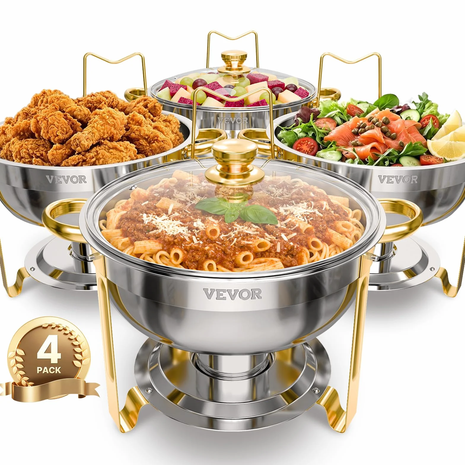 VEVOR Calentador de Alimentos para Bufé 4 Recipientes 4,7 L Redondo Tapa de Cristal Bandeja de Agua Soporte Plegable Dorado