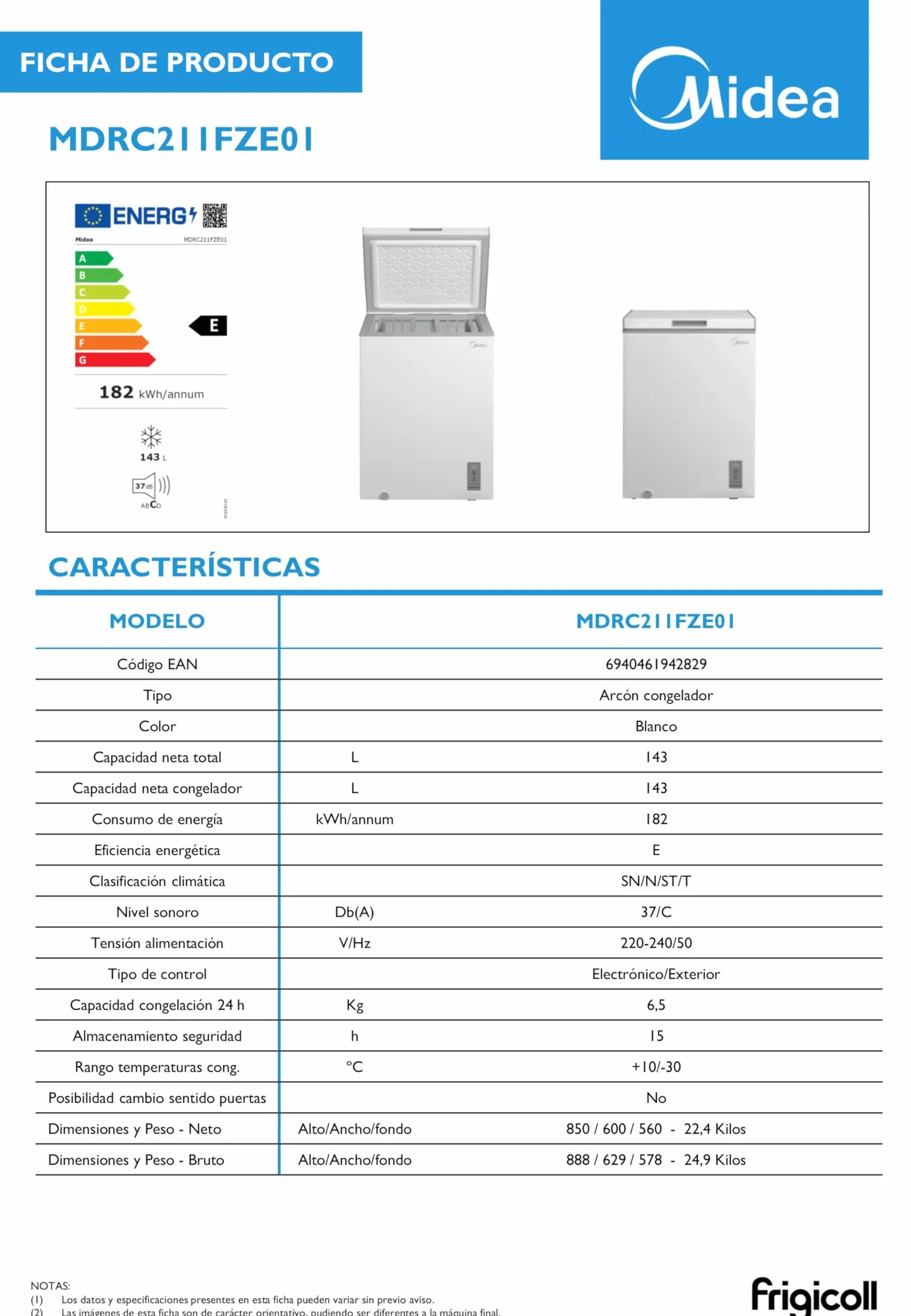 MIDEA Congelador Horizontal 143L Inverter Convertible Frigorífico Silencioso 37dB Bajo Consumo