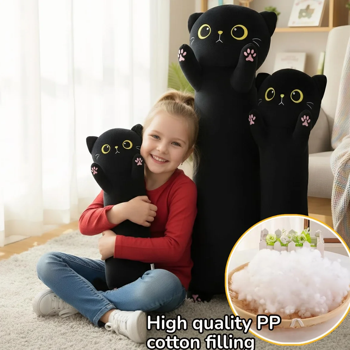 Peluche Gato Negro Grande 60cm Almohada Larga Cuerpo Suave Regalo