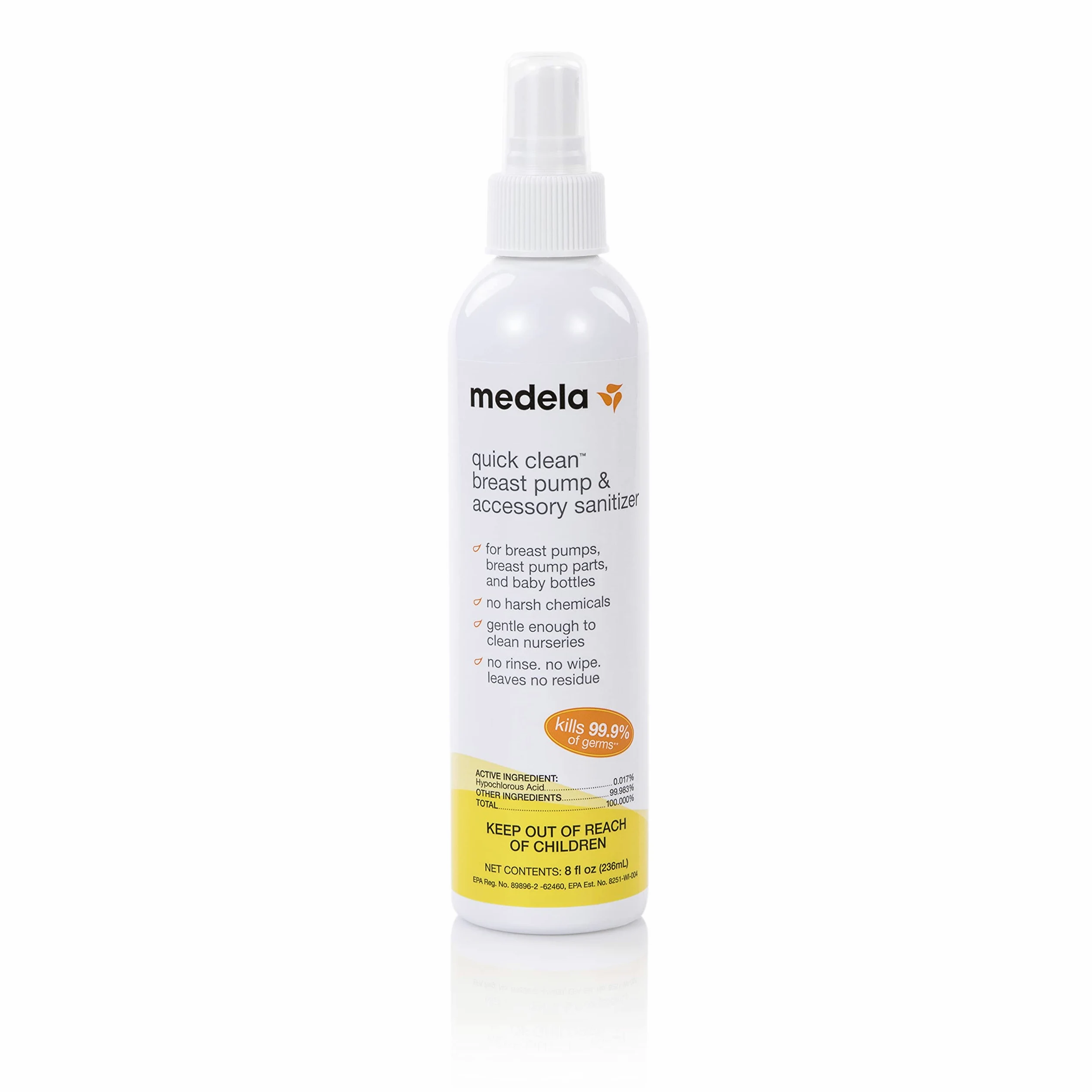 Medela - Espray desinfectante para extractor de leche de limpieza rápida, esterilizador seguro sin enjuagar, elimina el 99,9% de las bacterias y gérmenes comunes, 8 onzas líquidas