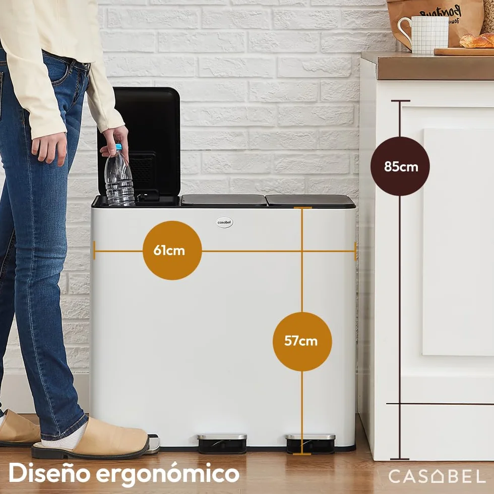 CASABEL Cubos de Basura de Reciclaje 60 L, Sistema de Basura Reciclaje 3 x 20 L Acero Inoxidable, Cubo con Pedal, Antihuellas y Antiolores, blanco