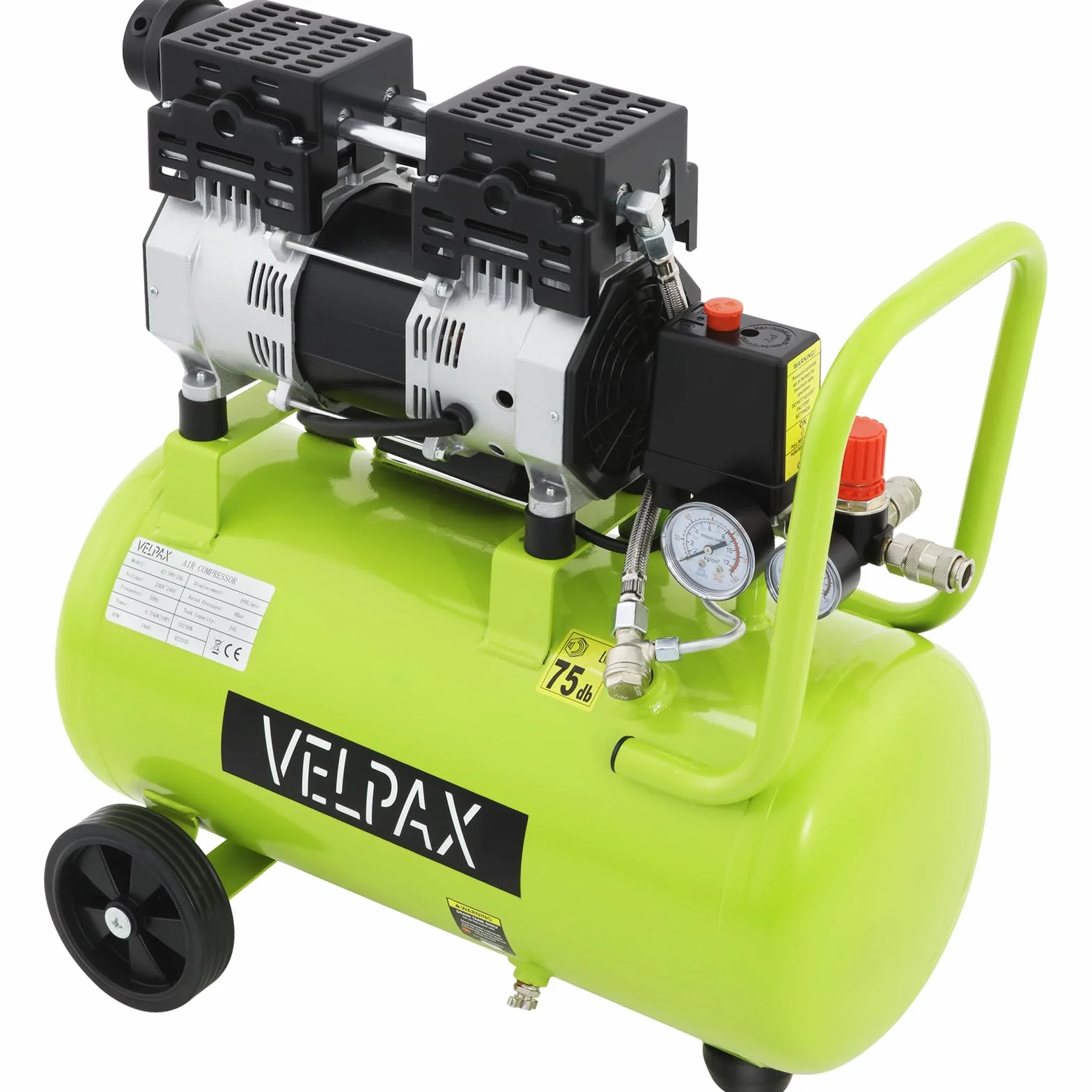 Compresor de Aire Sin Aceite 1 HP 24L , 160 L/Min, 75 dB Nivel Sonoro Bajo, Compresor Silencioso Raffreddamento rápido, Compresor Sin Aceite Presión Regulable para Coche y Pintura