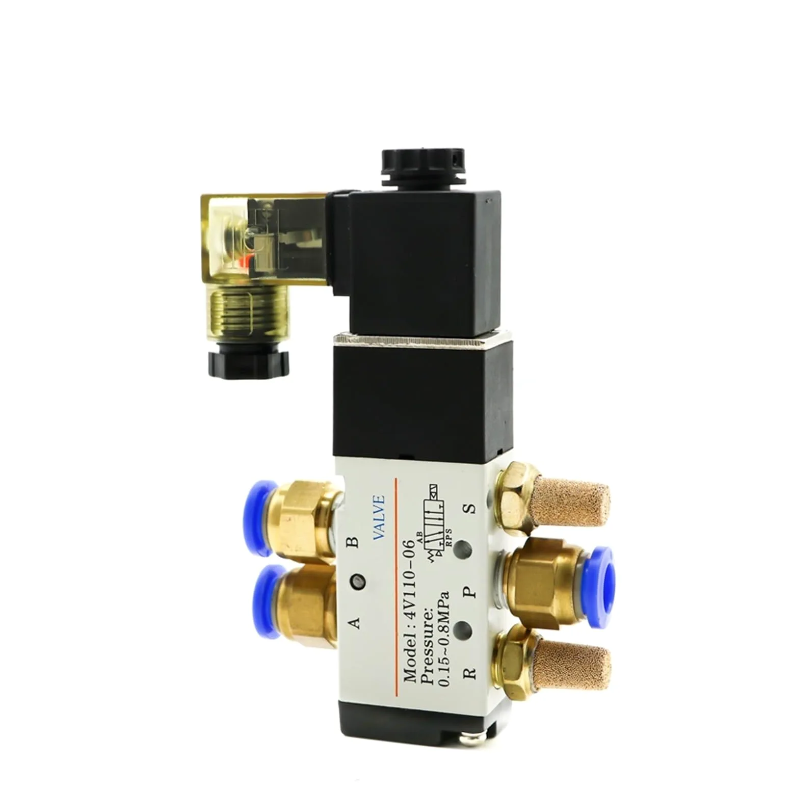 4V110-06 Electroválvula neumática de 1/8 pulgadas Válvula de 5 vías Puerto 2 Posiciones Válvulas magnéticas eléctricas Aire Gas DC12V 24V 110V220V Volt Bobina(LED W 8mm Fittings,DC 12V)