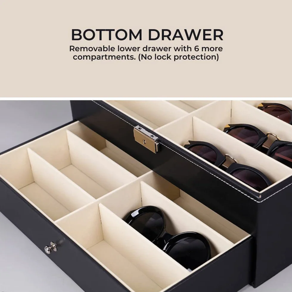 MAGIC SELECT Caja para Gafas con 8-12-18 Compartimentos, Estuche con Tapa de Cristal Transparente, Cierre con Llave, Cajón y Forro Interior, Polipiel
