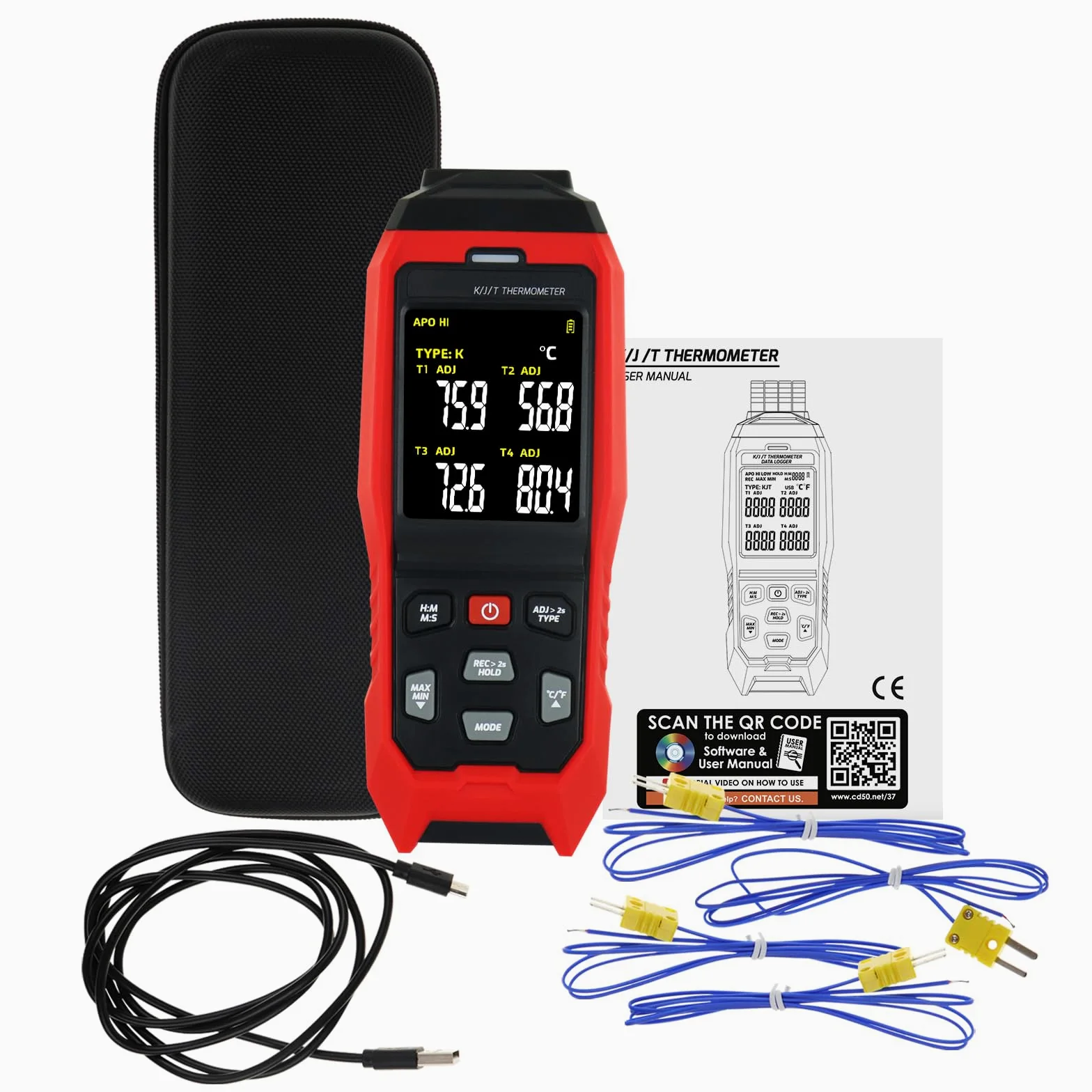 Termómetro digital de termopar de 4 canales tipo K/J, registrador de datos de temperatura con 5000 grupos de registros, alarma audible, apagado automático, rango de -200.0 °C a 1,371.7 °C, herramienta