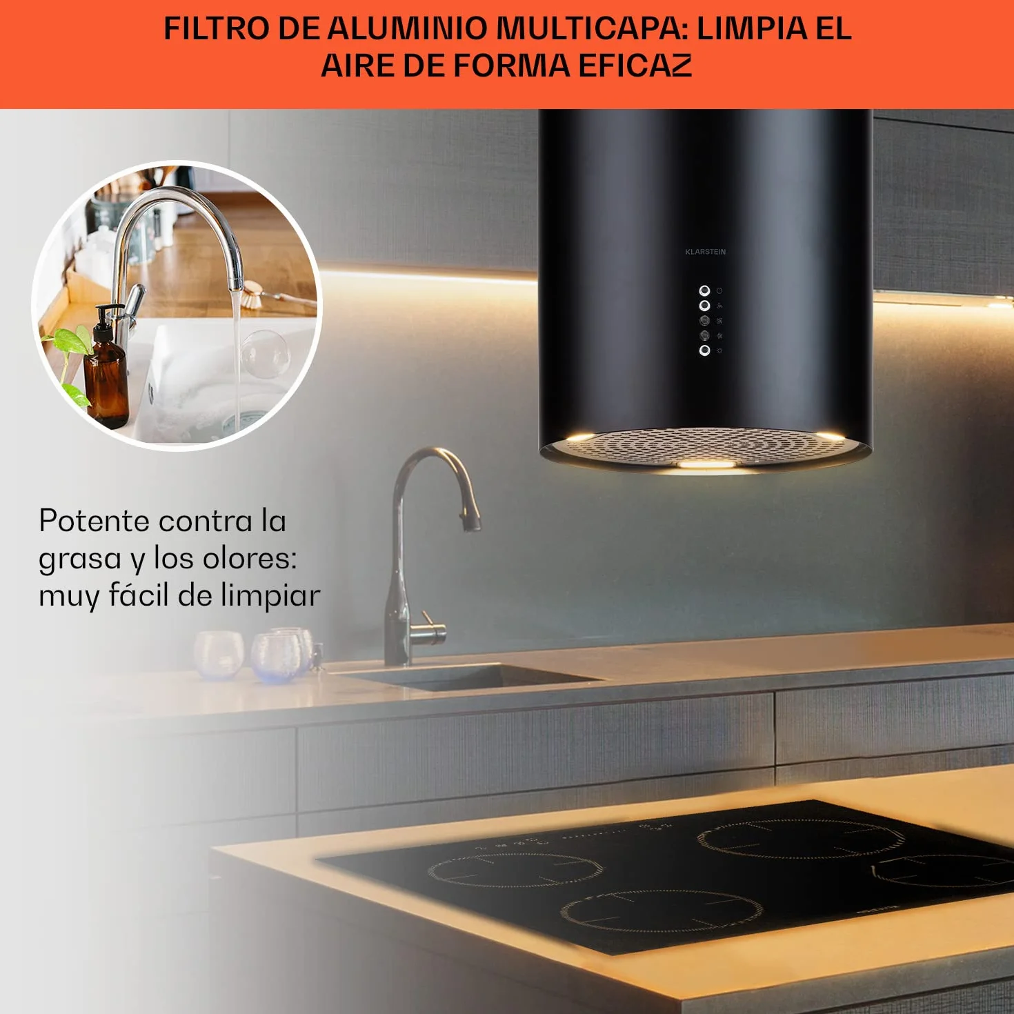 Klarstein Campana Extractora Isla para Cocina 600m³/h con Temporizador, 3 Modos y Filtros Carbón
