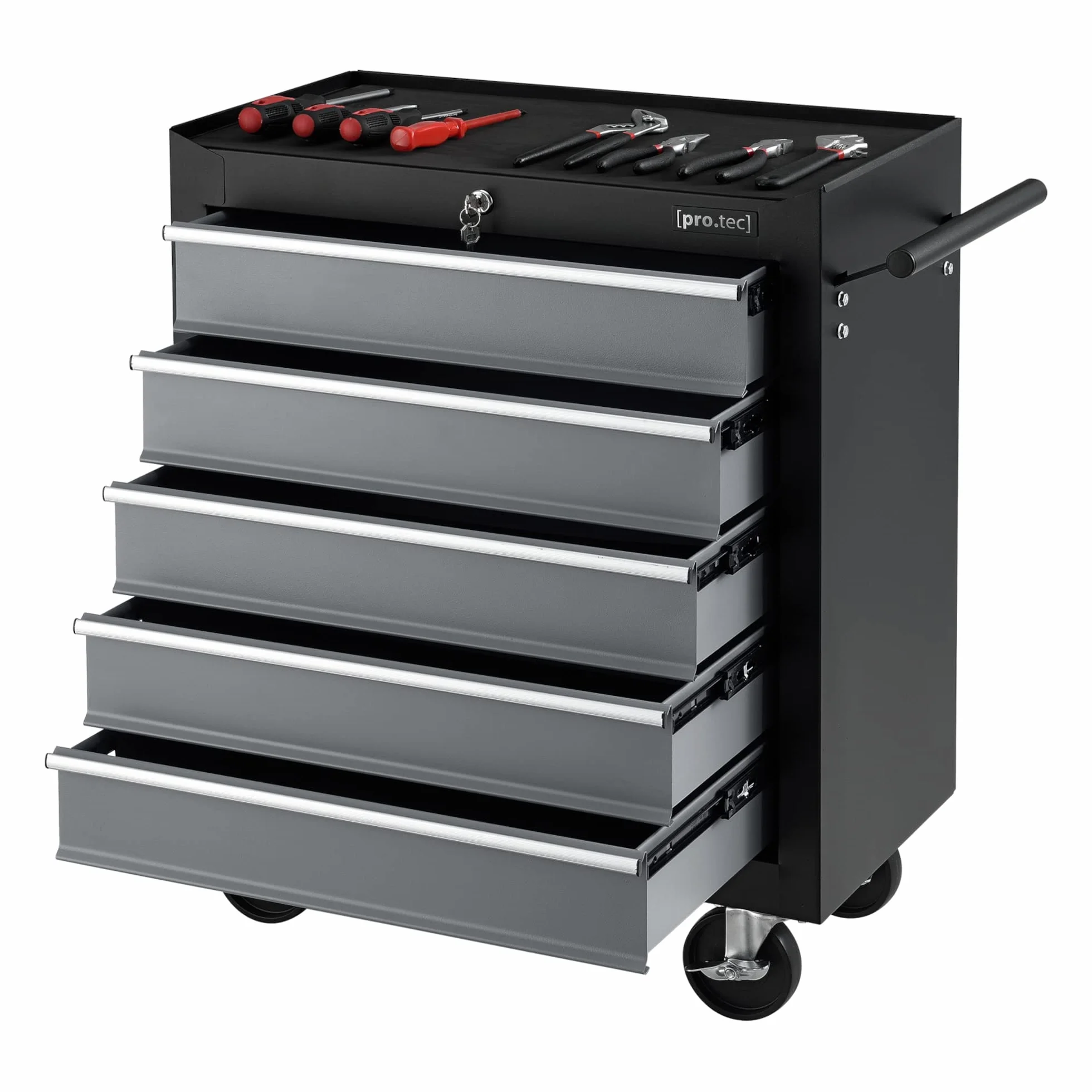 pro.tec Carrito de Herramientas de Acero con 5 Cajones y 4 Ruedas Carro de Caja Taller Móvil en Negro 69 x 33 x 77,5 cm Máx. 10kg