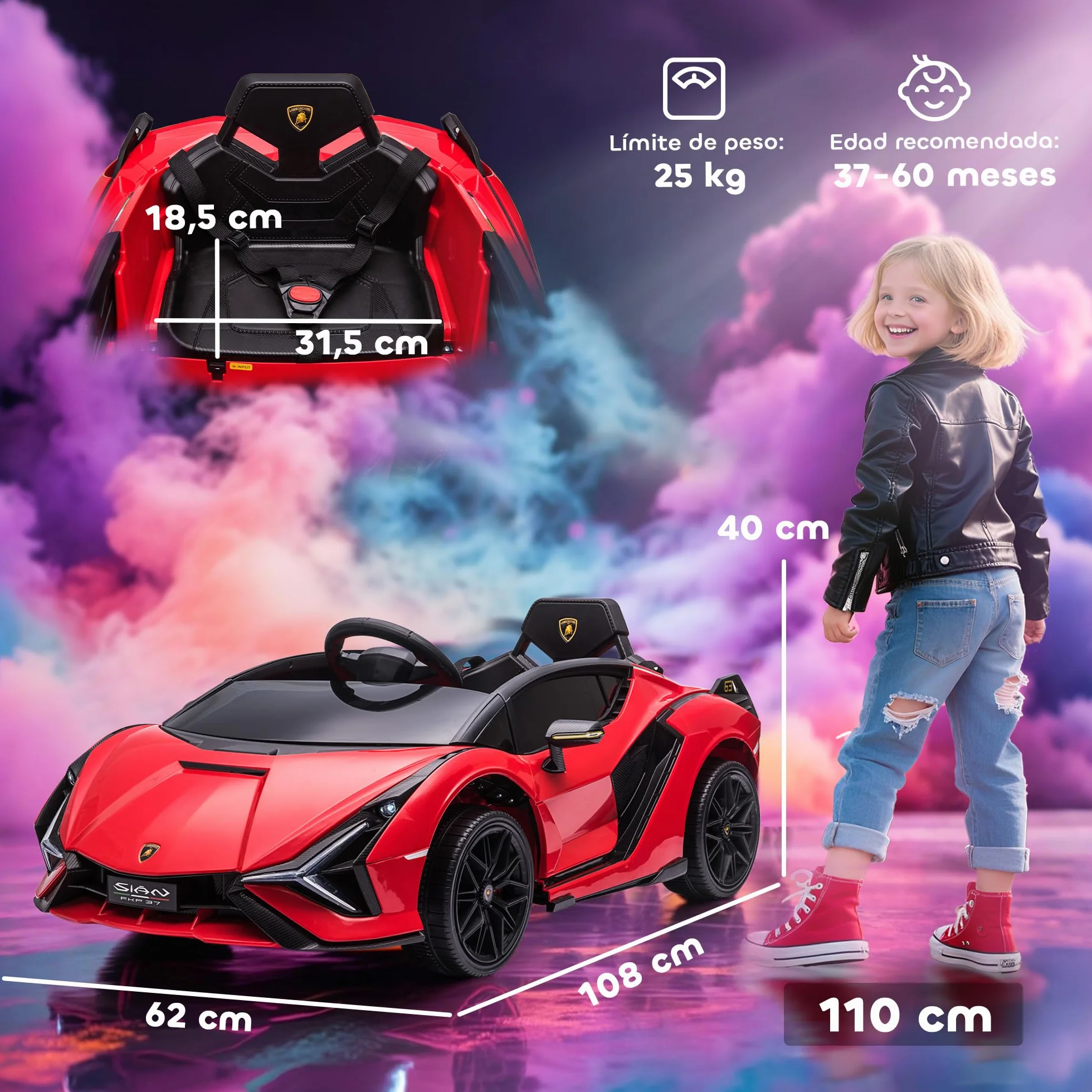 HOMCOM Coche Eléctrico para Niños Lamborghini SIAN 12V con Mando a Distancia 3-5 km/h 108x62x40 cm Rojo