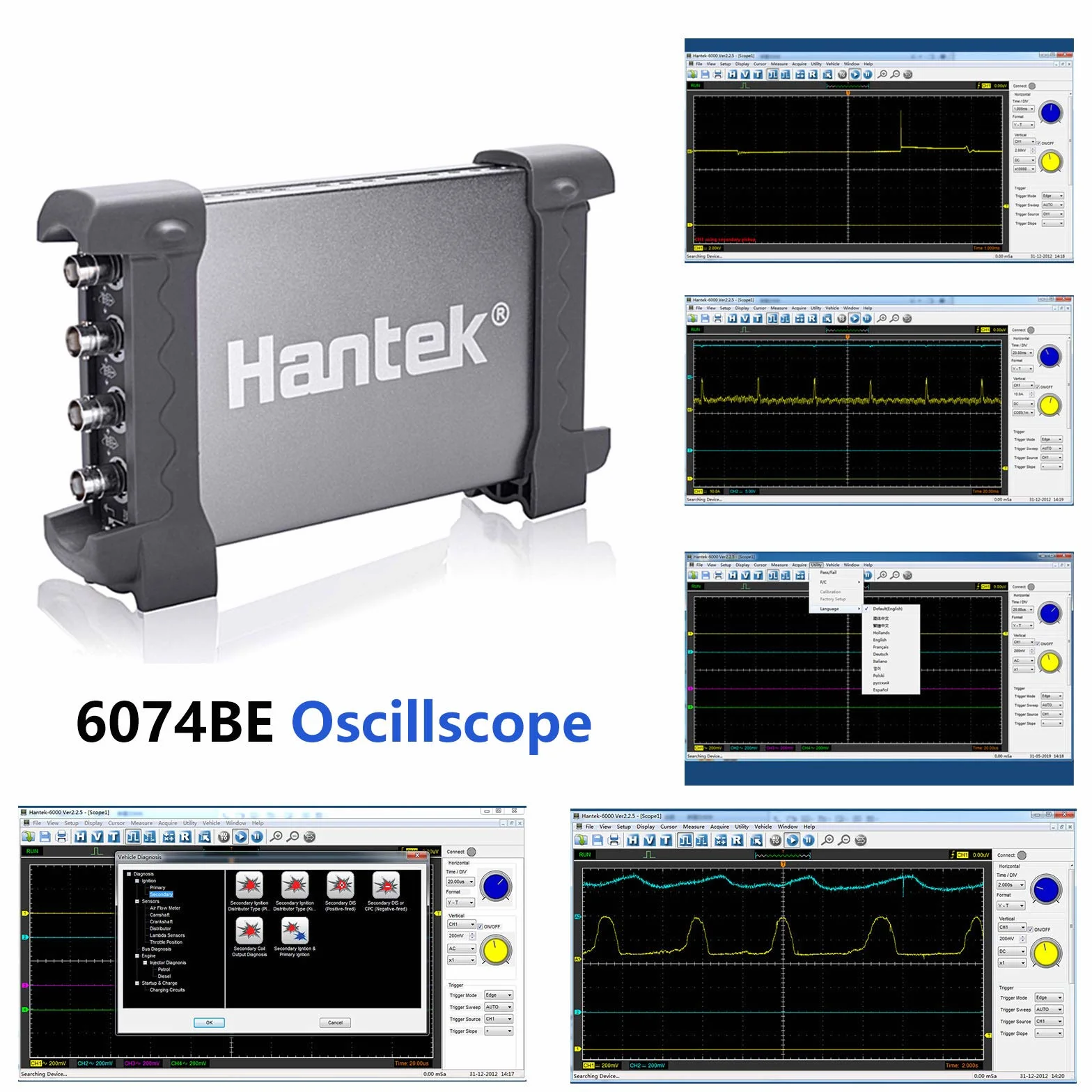 Osciloscopio 6074be de 4 canales con diagnóstico automotriz USB para PC (70 MHz) de Hantek