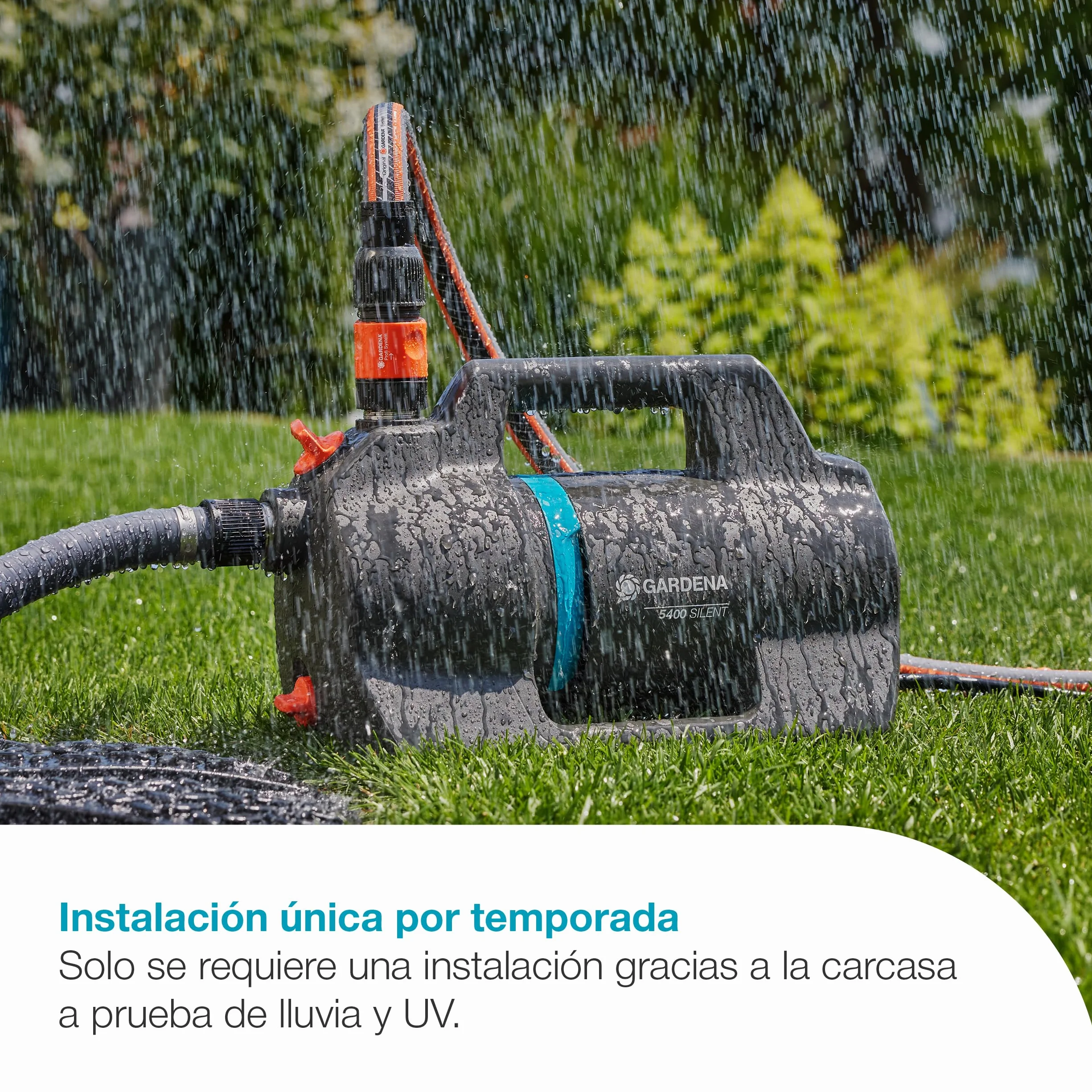 GARDENA Bomba de jardín 5400 Bombas silenciosas: 26% más caudal con el mismo consumo de energía que su predecesor, Operación de bajo ruido, carcasa resistente a la lluvia y a los rayos UV, (9086-20)