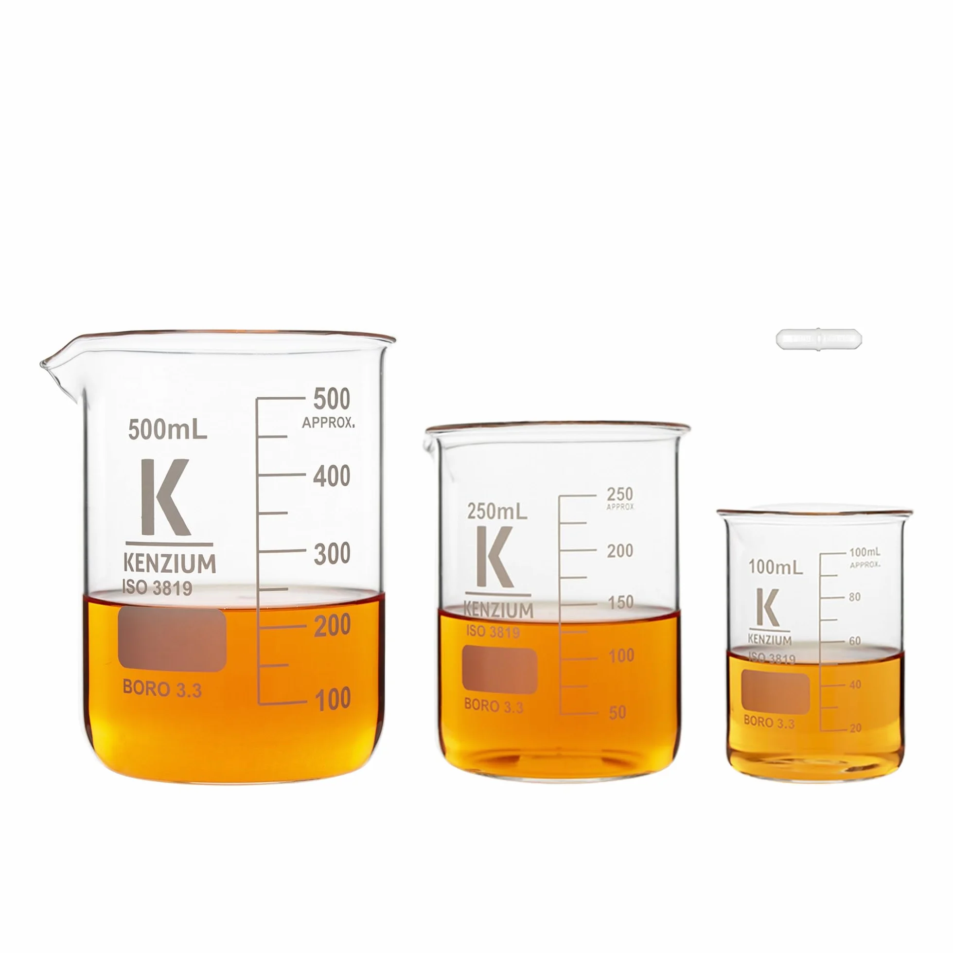 KENZIUM - Pack 3 x Vasos de Precipitados + 1 Varilla Magnética | 100 ml, 250 ml y 500 ml | Vidrio Borosilicato 3.3 | Forma Baja | Graduados, Con Boquilla | Alta Resistencia, Autoclavables