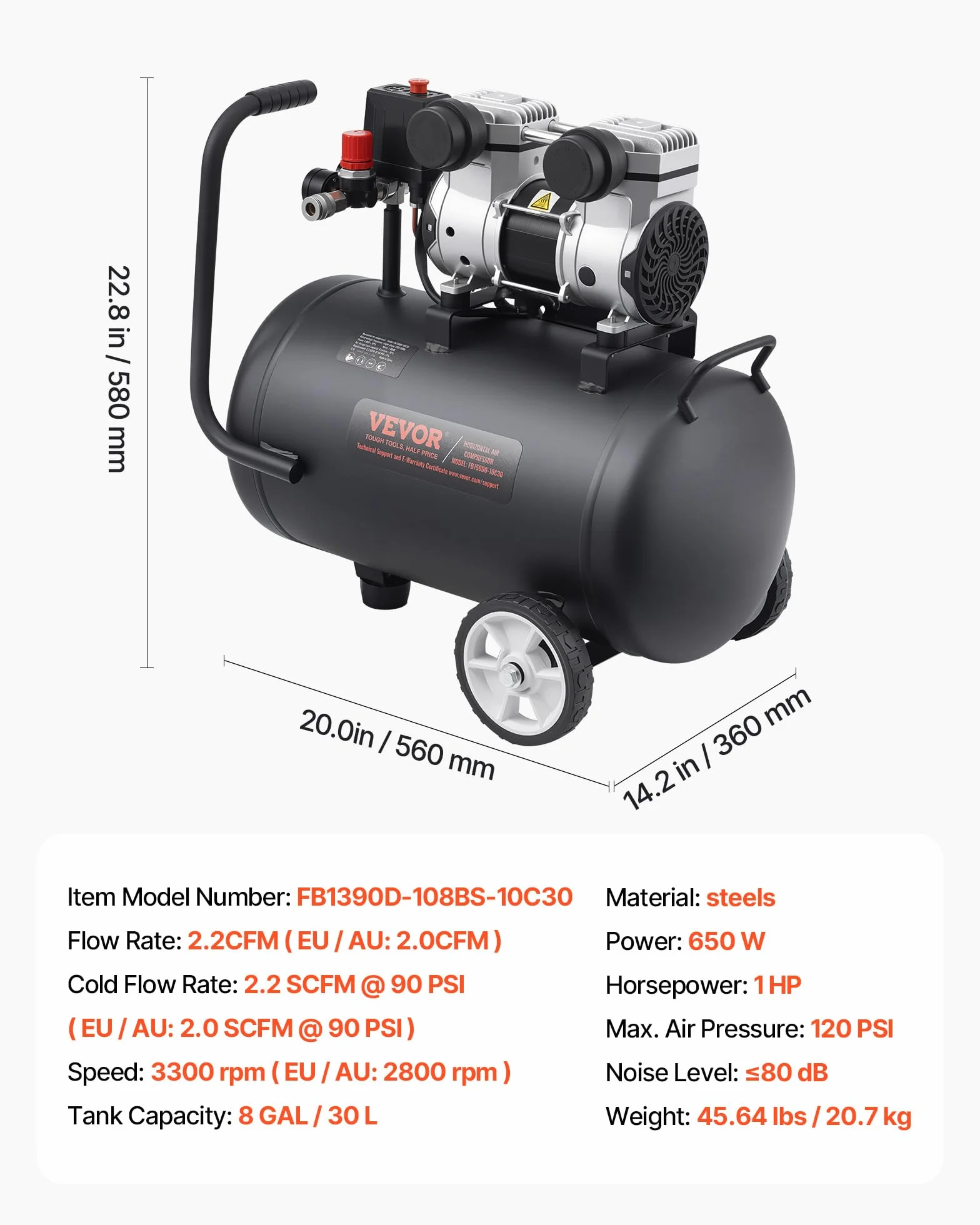 VEVOR Compresor de Aire sin Aceite 1 HP, Tanque de Acero 30 L, 2,2 CFM 90 PSI, 120 PSI, Portátil 80 dB