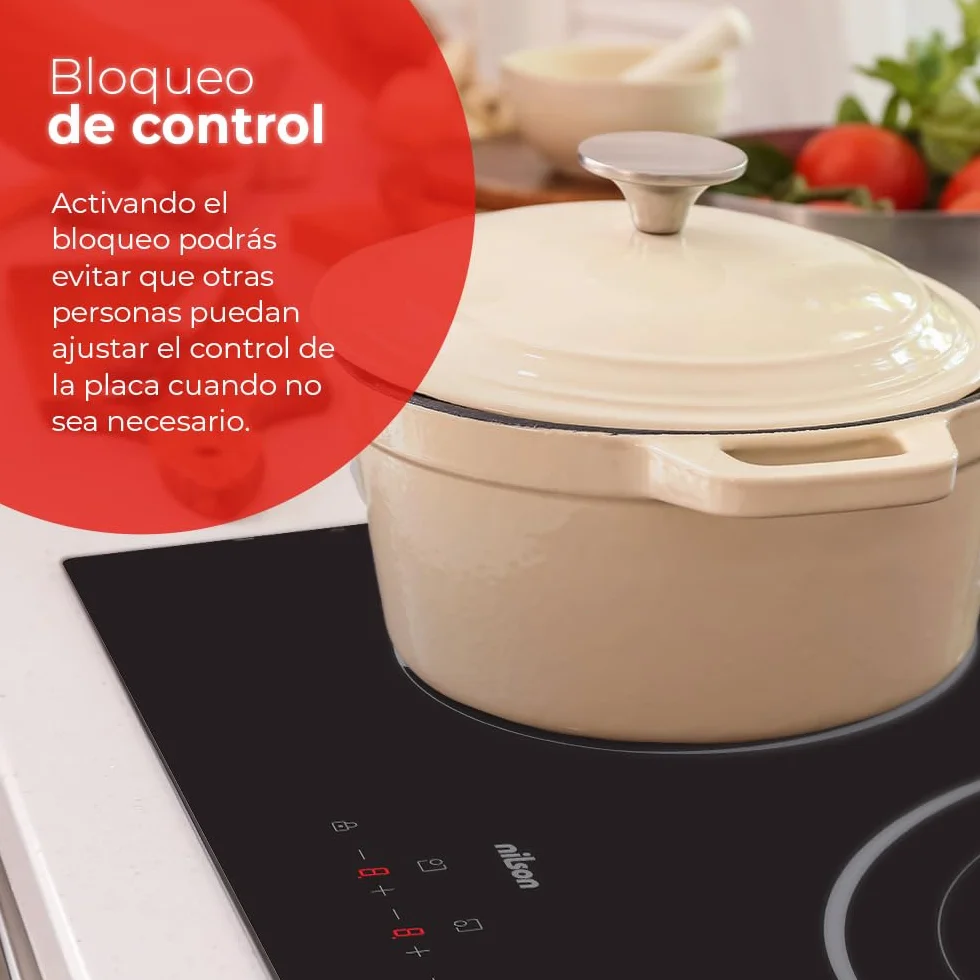 Nilson Placa Vitrocerámica Cristal Negro NV3600 5700W 3 Zonas Cocción 9 Niveles Control Táctil