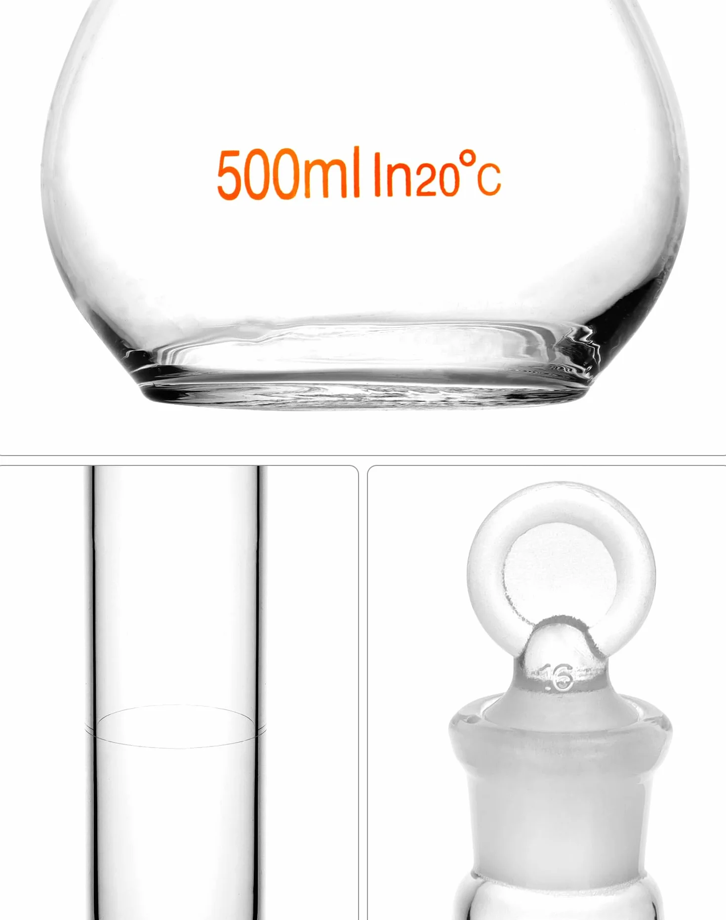 QWORK Frasco volumétrico de 500 ml con tapón de vidrio, vidrio de borosilicato alto 3.3, 2 unidades